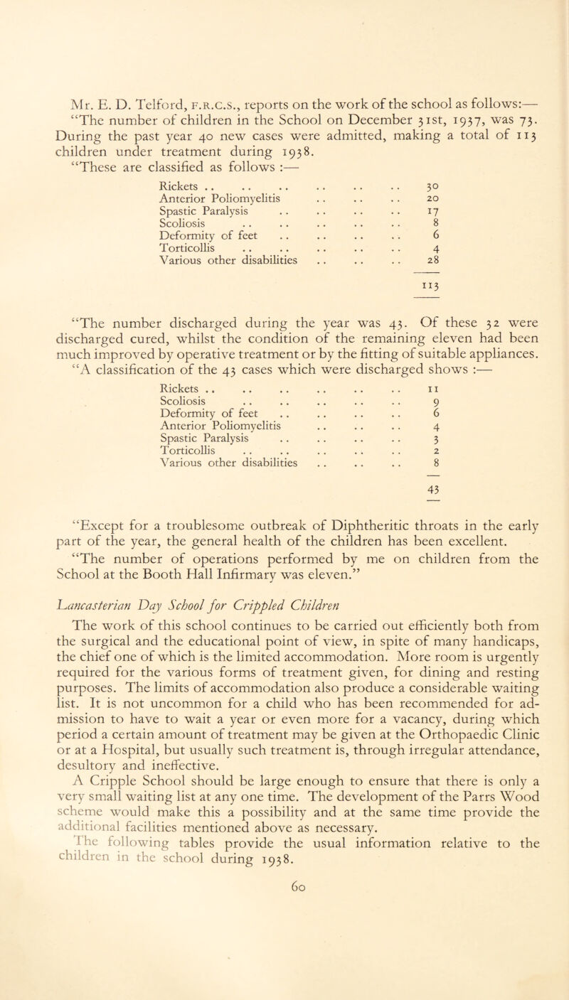 Mr. E. D. Telford, f.r.c.s., reports on the work of the school as follows:— “The number of children in the School on December 31st, 1937, was 73. During the past year 40 new cases were admitted, making a total of 113 children under treatment during 1938. “These are classified as follows :— Rickets .. .. .. . . .. . . 30 Anterior Poliomyelitis . . .. . . 20 Spastic Paralysis . . . . . . .. 17 Scoliosis .. . . .. .. . . 8 Deformity of feet .. .. .. . . 6 Torticollis .. .. .. .. . . 4 Various other disabilities . . .. . . 28 113 “The number discharged during the year was 43. Of these 32 were discharged cured, whilst the condition of the remaining eleven had been much improved by operative treatment or by the fitting of suitable appliances. “A classification of the 43 cases which were discharged shows :— Rickets .. .. .. .. . . . . 11 Scoliosis .. .. .. .. . . 9 Deformity of feet . . .. .. . . 6 Anterior Poliomyelitis .. .. . . 4 Spastic Paralysis .. .. .. . . 3 Torticollis .. .. . . . . . . 2 Various other disabilities . . . . . . 8 43 “Except for a troublesome outbreak of Diphtheritic throats in the early part of the year, the general health of the children has been excellent. “The number of operations performed by me on children from the School at the Booth Hall Infirmary was eleven. ” Dancasterian Day School for' Crippled Children The work of this school continues to be carried out efficiently both from the surgical and the educational point of view, in spite of many handicaps, the chief one of which is the limited accommodation. More room is urgently required for the various forms of treatment given, for dining and resting purposes. The limits of accommodation also produce a considerable waiting list. It is not uncommon for a child who has been recommended for ad¬ mission to have to wait a year or even more for a vacancy, during which period a certain amount of treatment may be given at the Orthopaedic Clinic or at a Hospital, but usually such treatment is, through irregular attendance, desultory and ineffective. A Cripple School should be large enough to ensure that there is only a very small waiting list at any one time. The development of the Parrs Wood scheme would make this a possibility and at the same time provide the additional facilities mentioned above as necessary. I he following tables provide the usual information relative to the children in the school during 1938.