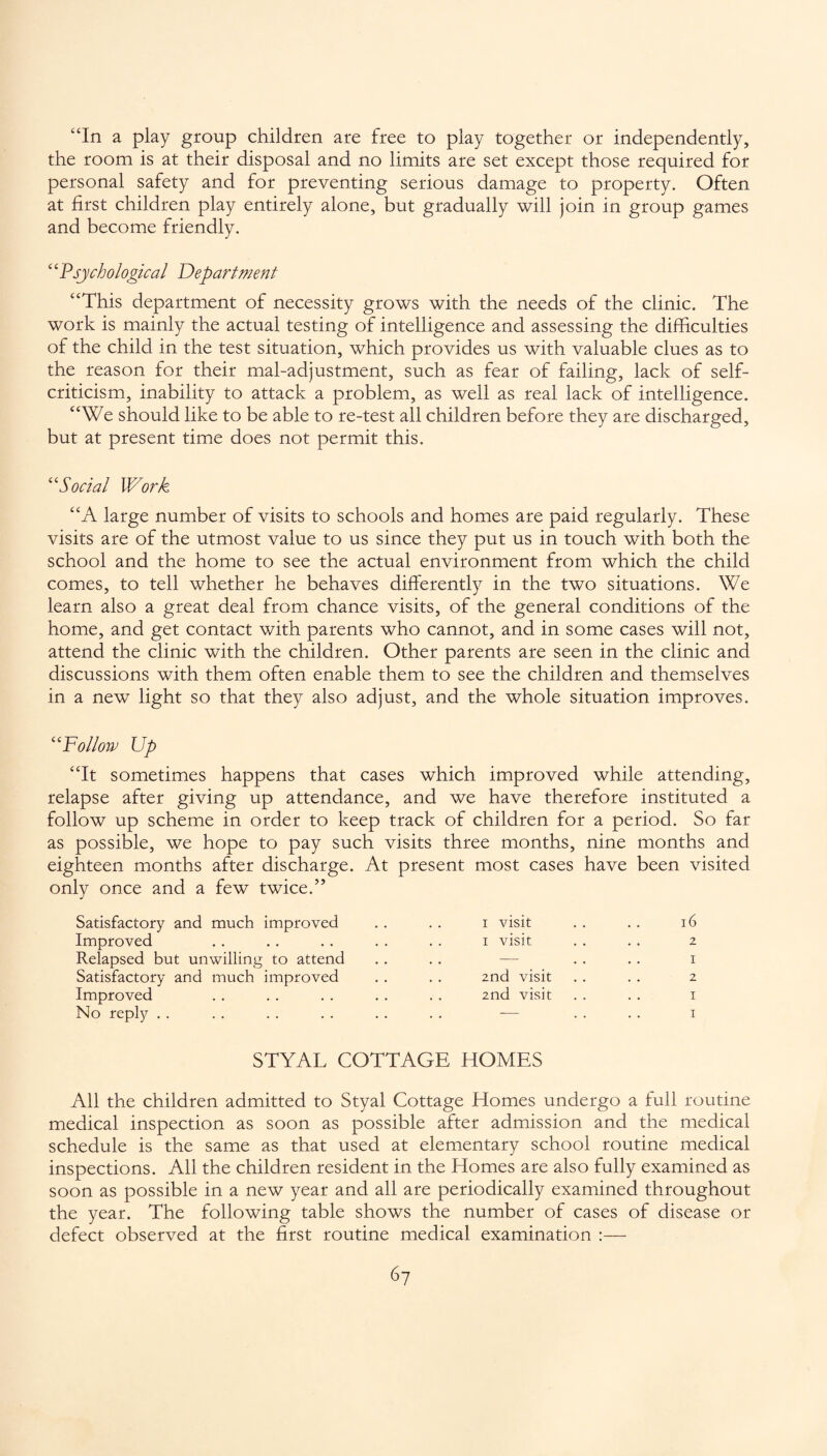 “In a play group children are free to play together or independently, the room is at their disposal and no limits are set except those required for personal safety and for preventing serious damage to property. Often at first children play entirely alone, but and become friendly. “Psychological Department “This department of necessity grows with the needs of the clinic. The work is mainly the actual testing of intelligence and assessing the difficulties of the child in the test situation, which provides us with valuable clues as to the reason for their mal-adjustment, such as fear of failing, lack of self- criticism, inability to attack a problem, as well as real lack of intelligence. “We should like to be able to re-test all children before they are discharged, but at present time does not permit this. gradually will join in group games “Social Work “A large number of visits to schools and homes are paid regularly. These visits are of the utmost value to us since they put us in touch with both the school and the home to see the actual environment from which the child comes, to tell whether he behaves differently in the two situations. We learn also a great deal from chance visits, of the general conditions of the home, and get contact with parents who cannot, and in some cases will not, attend the clinic with the children. Other parents are seen in the clinic and discussions with them often enable them to see the children and themselves in a new light so that they also adjust, and the whole situation improves. “Follow Up “It sometimes happens that cases which improved while attending, relapse after giving up attendance, and we have therefore instituted a follow up scheme in order to keep track of children for a period. So far as possible, we hope to pay such visits three months, nine months and eighteen months after discharge. At present most cases have been visited only once and a few twice.” Satisfactory and much improved Improved Relapsed but unwilling to attend Satisfactory and much improved Improved No reply i visit 16 1 visit 2 2nd visit 1 2 2nd visit 1 , , -— 1 STYAL COTTAGE HOMES All the children admitted to Styal Cottage Homes undergo a full routine medical inspection as soon as possible after admission and the medical schedule is the same as that used at elementary school routine medical inspections. All the children resident in the Homes are also fully examined as soon as possible in a new year and all are periodically examined throughout the year. The following table shows the number of cases of disease or defect observed at the first routine medical examination :—