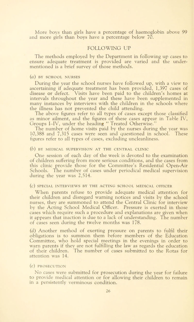 More boys than girls have a percentage of haemoglobin above 99 and more girls than boys have a percentage below 70. FOLLOWING UP The methods employed by the Department in following up cases to ensure adequate treatment is provided are varied and the under¬ mentioned is a brief survey of those methods. (a) BY SCHOOL NURSES During the year the school nurses have followed up, with a view to ascertaining if adequate treatment has been provided, 1,397 cases of disease or defect. Visits have been paid to the children’s homes at intervals throughout the year and these have been supplemented in many instances by interviews with the children in the schools where the illness has not prevented the child attending. The above figures refer to all types of cases except those classified as minor ailment, and the figures of these cases appear in Table IV, Groups I-IV, under the heading “ Treated Otherwise.” The number of home visits paid by the nurses during the year was 10,388 and 7,315 cases were seen and questioned in school. These figures refer to all types of cases, excluding uncleanliness. (b) BY MEDICAL SUPERVISION AT THE CENTRAL CLINIC One session of each day of the week is devoted to the examination of children suffering from more serious conditions, and the cases from this clinic provide those for the Committee’s Residential Open-Air Schools. The number of cases under periodical medical supervision during the year was 2,514. (c) SPECIAL INTERVIEWS BY THE ACTING SCHOOL MEDICAL OFFICER When parents refuse to provide adequate medical attention for their children and disregard warning notices and visits by the school nurses, they are summoned to attend the Central Clinic for interview by the Acting School Medical Officer. Pressure is exerted in those cases which require such a procedure and explanations are given when it appears that inaction is due to a lack of understanding. The number of cases seen during the twelve months was 178. (d) Another method of exerting pressure on parents to fulfil their obligations is to summon them before members of the Education Committee, who hold special meetings in the evenings in order to warn parents if they are not fulfilling the law as regards the education of their children. The number of cases submitted to the Rotas for attention was 14. (e) PROSECUTION No cases were submitted for prosecution during the year for failure to provide medical attention or for allowing their children to remain in a persistently verminous condition.