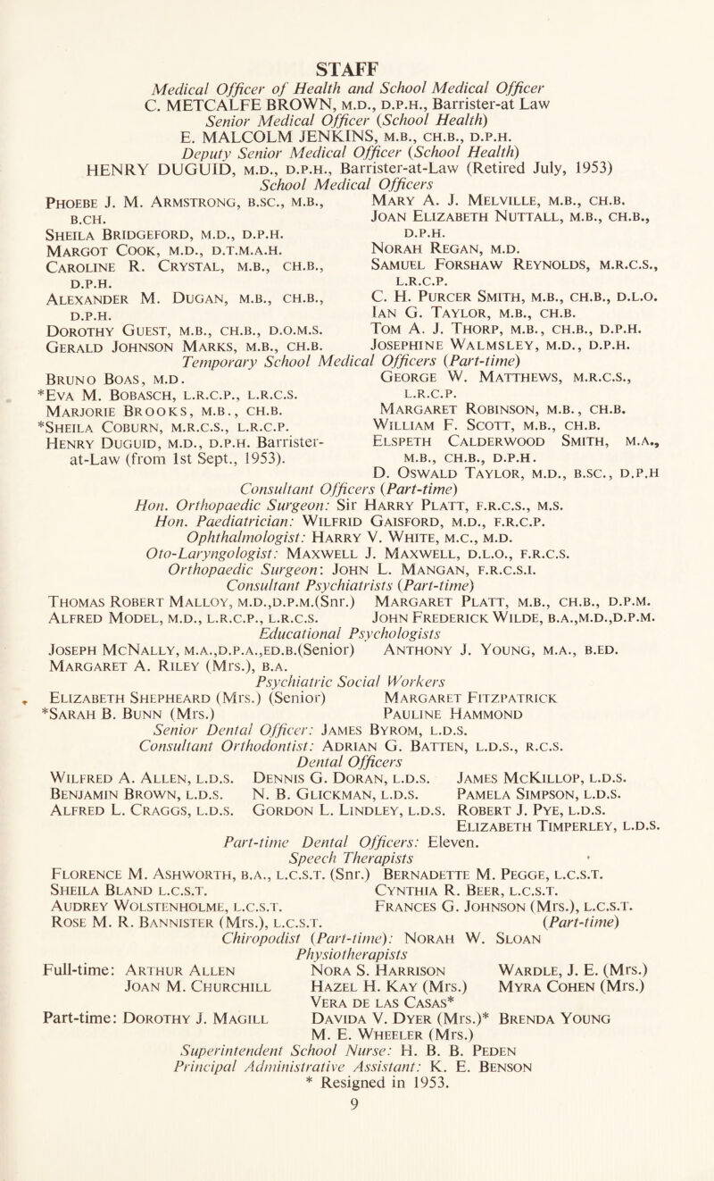 STAFF Medical Officer of Health and School Medical Officer C. METCALFE BROWN, m.d., d.p.h., Barrister-at Law Senior Medical Officer (School Health) E. MALCOLM JENKINS, m.b., ch.b., d.p.h. Deputy Senior Medical Officer {,School Health) HENRY DUGUID, m.d., d.p.h., Barrister-at-Law (Retired July, 1953) School Medical Officers Phoebe J. M. Armstrong, b.sc., m.b., b.ch. Sheila Bridgeford, m.d., d.p.h. Margot Cook, m.d., d.t.m.a.h. Caroline R. Crystal, m.b., ch.b., d.p.h. Alexander M. Dugan, m.b., ch.b., d.p.h. Dorothy Guest, m.b., ch.b., d.o.m.s. Gerald Johnson Marks, m.b., ch.b. Mary A. J. Melville, m.b., ch.b. Joan Elizabeth Nuttall, m.b., ch.b., d.p.h. Norah Regan, m.d. Samuel Forshaw Reynolds, m.r.c.s., L.R.C.P. C. H. Purcer Smith, m.b., ch.b., d.l.o. Ian G. Taylor, m.b., ch.b. Tom A, J. Thorp, m.b., ch.b., d.p.h. Josephine Walmsley, m.d., d.p.h. Temporary School Medical Officers (Part-time) Bruno Boas, m.d. *EVA M. BOBASCH, L.R.C.P., L.R.C.S. Marjorie Brooks, m.b., ch.b. *Sheila Coburn, m.r.c.s., l.r.c.p. Henry Duguid, m.d., d.p.h. Barrister at-Law (from 1st Sept., 1953). M.A., D.P.H George W. Matthews, m.r.c.s. l. r.c.p. Margaret Robinson, m.b., ch.b. William F. Scott, m.b., ch.b. Elspeth Calderwood Smith, m. b., ch.b., d.p.h. D. Oswald Taylor, m.d., b.sc., Consultant Officers (Part-time) Hon. Orthopaedic Surgeon: Sir Harry Platt, f.r.c.s., m.s. Hon. Paediatrician: Wilfrid Gaisford, m.d., f.r.c.p. Ophthalmologist: Harry V. White, m.c., m.d. Oto-Laryngologist: Maxwell J. Maxwell, d.l.o., f.r.c.s. Orthopaedic Surgeon: John L. Mangan, f.r.c.s.i. Consultant Psychiatrists (Part-time) Thomas Robert Malloy, M.D.,D.p.M.(Snr.) Margaret Platt, m.b., ch.b., d.p.m. Alfred Model, m.d., l.r.c.p., l.r.c.s. John Frederick Wilde, b.a.,m.d.,d.p.m. Educational Psychologists Joseph McNally, M.A.,D.p.A.,ED.B.(Senior) Anthony J. Young, m.a., b.ed. Margaret A. Riley (Mrs.), b.a. Psychiatric Social Workers Elizabeth Shepheard (Mrs.) (Senior) Margaret Fitzpatrick *Sarafi B. Bunn (Mrs.) Pauline Hammond Senior Dented Officer: James Byrom, l.d.s. Consultant Orthodontist: Adrian G. Batten, l.d.s., r.c.s. Dental Officers Wilfred A. Allen, l.d.s. Dennis G. Doran, l.d.s. Benjamin Brown, l.d.s. N. B. Glickman, l.d.s. Alfred L. Craggs, l.d.s. Gordon L. Lindley, l.d.s. James McKillop, l.d.s. Pamela Simpson, l.d.s. Robert J. Pye, l.d.s. Elizabeth Timperley, l.d.s. Part-time Dental Officers: Eleven. Speech Therapists Florence M. Ashworth, b.a., l.c.s.t. (Snr.) Bernadette M. Pegge, l.c.s.t. Sheila Bland l.c.s.t. Cynthia R. Beer, l.c.s.t. Audrey Wolstenholme, l.c.s.t. Frances G. Johnson (Mrs.), l.c.s.t. Rose M. R. Bannister (Mrs.), l.c.s.t. Chiropodist (Part-time): Norah W. Sloan Physio therapists Full-time: Arthur Allen Joan M. Churchill {Part-time) Part-time: Dorothy J. Magill Nora S. Harrison Hazel H. Kay (Mrs.) Vera de las Casas* Davida V. Dyer (Mrs.)* M. E. Wheeler (Mrs.) Superintendent School Nurse: H. B. B. Peden Principal Administrative Assistant: K. E. Benson * Resigned in 1953. 9 Wardle, J. E. (Mrs.) Myra Cohen (Mrs.) Brenda Young