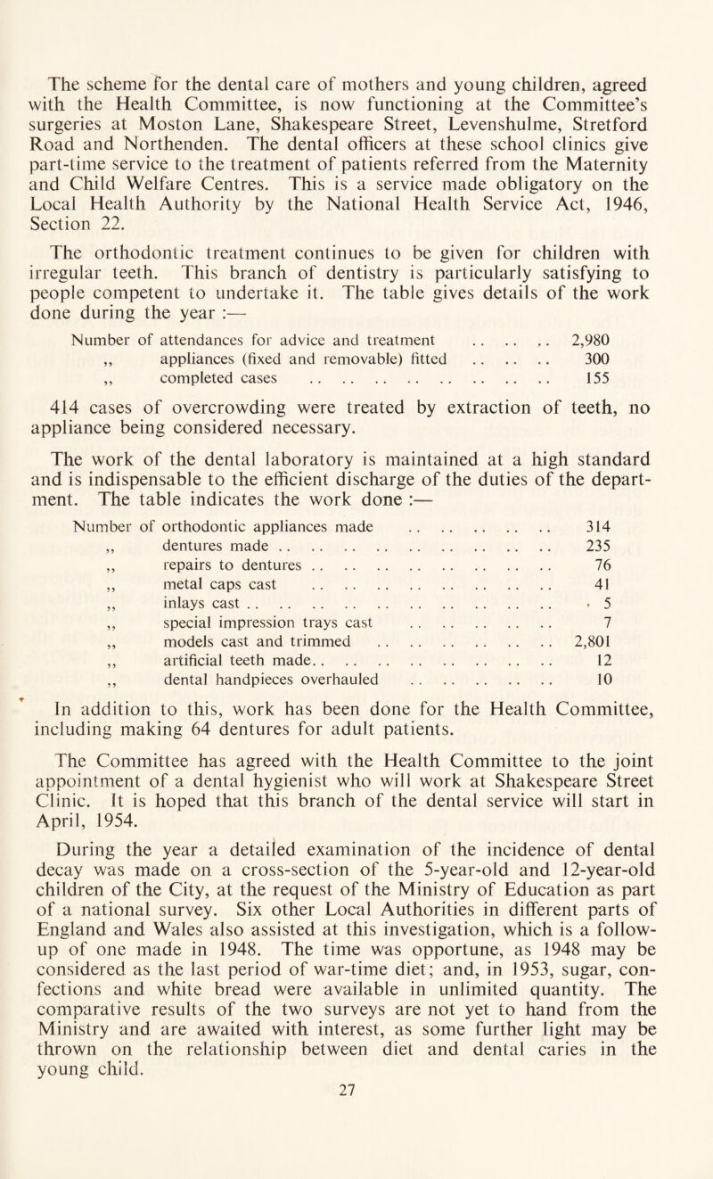 The scheme for the dental care of mothers and young children, agreed with the Health Committee, is now functioning at the Committee’s surgeries at Moston Lane, Shakespeare Street, Levenshulme, Stretford Road and Northenden. The dental officers at these school clinics give part-time service to the treatment of patients referred from the Maternity and Child Welfare Centres. This is a service made obligatory on the Local Health Authority by the National Health Service Act, 1946, Section 22. The orthodontic treatment continues to be given for children with irregular teeth. This branch of dentistry is particularly satisfying to people competent to undertake it. The table gives details of the work done during the year :— Number of attendances for advice and treatment .. .. ,. 2,980 appliances (fixed and removable) fitted . 300 completed cases . 155 414 cases of overcrowding were treated by extraction of teeth, no appliance being considered necessary. The work of the dental laboratory is maintained at a high standard and is indispensable to the efficient discharge of the duties of the depart¬ ment. The table indicates the work done Number of orthodontic appliances made . 314 5 5 dentures made. . 235 55 repairs to dentures. . 76 55 metal caps cast . . 41 55 inlays cast. . .5 5 5 special impression trays cast . 7 55 models cast and trimmed . 2,801 5 5 artificial teeth made. . 12 5 5 dental handpieces overhauled . 10 In addition to this, work has been done for the Health Committee, including making 64 dentures for adult patients. The Committee has agreed with the Health Committee to the joint appointment of a dental hygienist who will work at Shakespeare Street Clinic. It is hoped that this branch of the dental service will start in April, 1954. During the year a detailed examination of the incidence of dental decay was made on a cross-section of the 5-year-old and 12-year-old children of the City, at the request of the Ministry of Education as part of a national survey. Six other Local Authorities in different parts of England and Wales also assisted at this investigation, which is a follow¬ up of one made in 1948. The time was opportune, as 1948 may be considered as the last period of war-time diet; and, in 1953, sugar, con¬ fections and white bread were available in unlimited quantity. The comparative results of the two surveys are not yet to hand from the Ministry and are awaited with interest, as some further light may be thrown on the relationship between diet and dental caries in the young child.