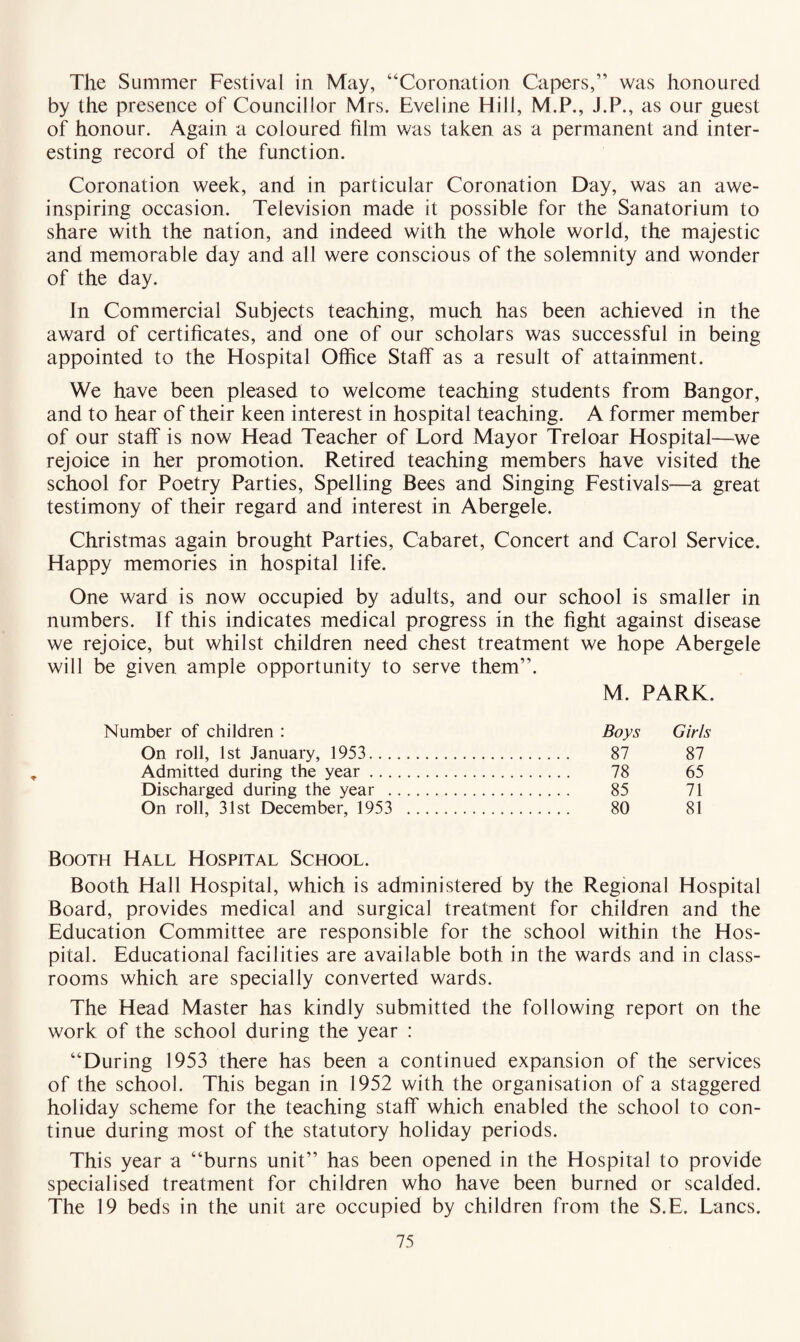 The Summer Festival in May, “Coronation Capers,” was honoured by the presence of Councillor Mrs. Eveline Hill, M.P., J.P., as our guest of honour. Again a coloured film was taken as a permanent and inter¬ esting record of the function. Coronation week, and in particular Coronation Day, was an awe¬ inspiring occasion. Television made it possible for the Sanatorium to share with the nation, and indeed with the whole world, the majestic and memorable day and all were conscious of the solemnity and wonder of the day. In Commercial Subjects teaching, much has been achieved in the award of certificates, and one of our scholars was successful in being appointed to the Hospital Office Staff as a result of attainment. We have been pleased to welcome teaching students from Bangor, and to hear of their keen interest in hospital teaching. A former member of our staff is now Head Teacher of Lord Mayor Treloar Hospital—we rejoice in her promotion. Retired teaching members have visited the school for Poetry Parties, Spelling Bees and Singing Festivals—a great testimony of their regard and interest in Abergele. Christmas again brought Parties, Cabaret, Concert and Carol Service. Happy memories in hospital life. One ward is now occupied by adults, and our school is smaller in numbers. If this indicates medical progress in the fight against disease we rejoice, but whilst children need chest treatment we hope Abergele will be given ample opportunity to serve them”. M. PARK. Number of children : Boys Girls On roll, 1st January, 1953. 87 87 Admitted during the year. 78 65 Discharged during the year . 85 71 On roll, 31st December, 1953 . 80 81 Booth Hall Hospital School. Booth Hall Hospital, which is administered by the Regional Hospital Board, provides medical and surgical treatment for children and the Education Committee are responsible for the school within the Hos¬ pital. Educational facilities are available both in the wards and in class¬ rooms which are specially converted wards. The Head Master has kindly submitted the following report on the work of the school during the year : “During 1953 there has been a continued expansion of the services of the school. This began in 1952 with the organisation of a staggered holiday scheme for the teaching staff which enabled the school to con¬ tinue during most of the statutory holiday periods. This year a “burns unit” has been opened in the Hospital to provide specialised treatment for children who have been burned or scalded. The 19 beds in the unit are occupied by children from the S.E. Lancs.