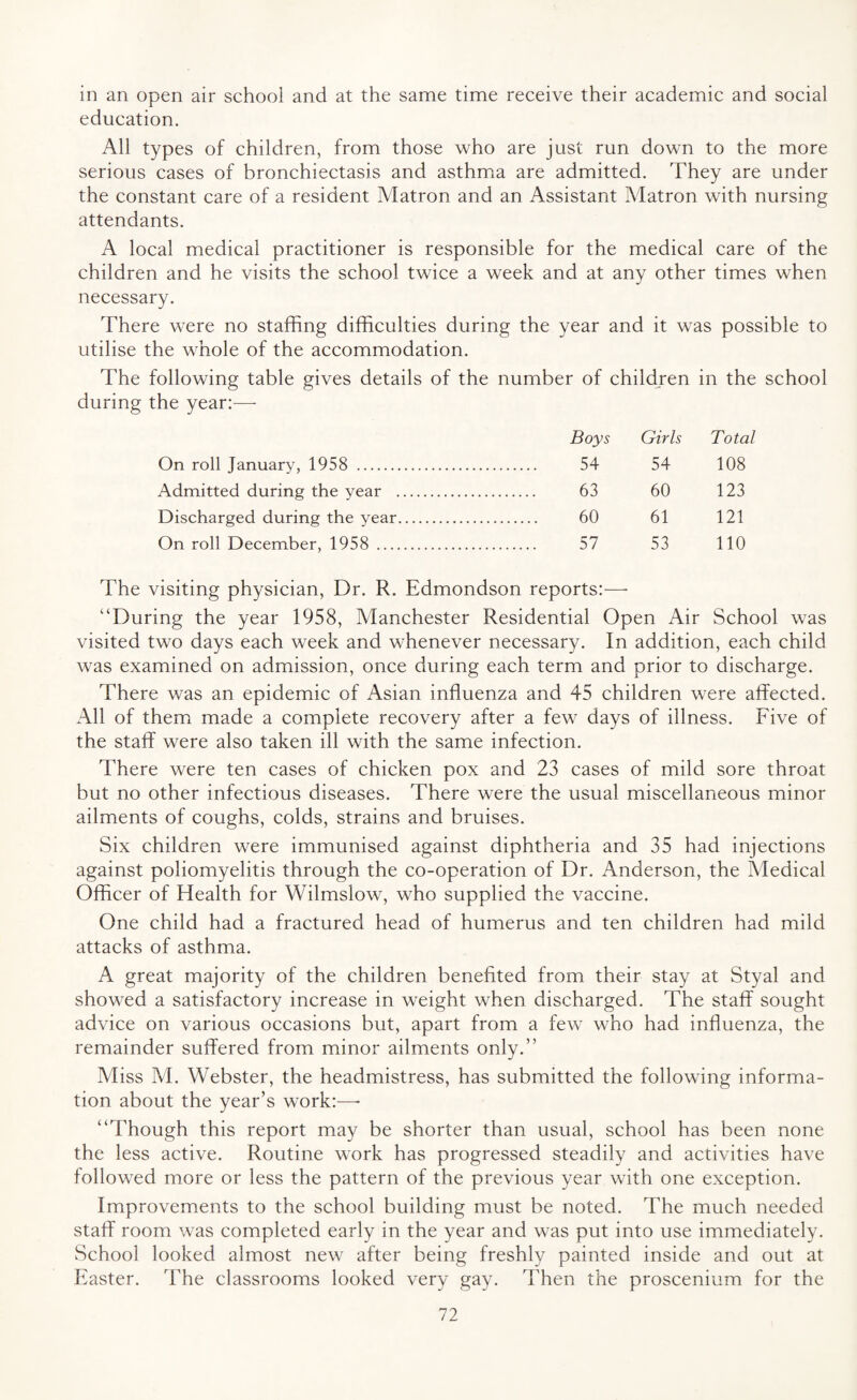in an open air school and at the same time receive their academic and social education. All types of children, from those who are just run down to the more serious cases of bronchiectasis and asthma are admitted. They are under the constant care of a resident Matron and an Assistant Matron with nursing attendants. A local medical practitioner is responsible for the medical care of the children and he visits the school twice a week and at any other times when necessary. There were no staffing difficulties during the year and it was possible to utilise the whole of the accommodation. The following table gives details of the number of children in the school during the year:— Boys Girls Total On roll January, 1958 . . 54 54 108 Admitted during the year . . 63 60 123 Discharged during the year. . 60 61 121 On roll December, 1958 . . 57 53 110 The visiting physician, Dr. R. Edmondson reports:—- “During the year 1958, Manchester Residential Open Air School was visited two days each week and whenever necessary. In addition, each child was examined on admission, once during each term and prior to discharge. There was an epidemic of Asian influenza and 45 children were affected. All of them made a complete recovery after a few days of illness. Five of the staff were also taken ill with the same infection. There were ten cases of chicken pox and 23 cases of mild sore throat but no other infectious diseases. There were the usual miscellaneous minor ailments of coughs, colds, strains and bruises. Six children were immunised against diphtheria and 35 had injections against poliomyelitis through the co-operation of Dr. Anderson, the Medical Officer of Health for Wilmslow, who supplied the vaccine. One child had a fractured head of humerus and ten children had mild attacks of asthma. A great majority of the children benefited from their stay at Styal and showed a satisfactory increase in weight when discharged. The staff sought advice on various occasions but, apart from a few who had influenza, the remainder suffered from minor ailments only.” Miss M. Webster, the headmistress, has submitted the following informa¬ tion about the year’s work:—- “Though this report may be shorter than usual, school has been none the less active. Routine work has progressed steadily and activities have followed more or less the pattern of the previous year with one exception. Improvements to the school building must be noted. The much needed staff room was completed early in the year and was put into use immediately. School looked almost new after being freshly painted inside and out at Easter. The classrooms looked very gay. Then the proscenium for the