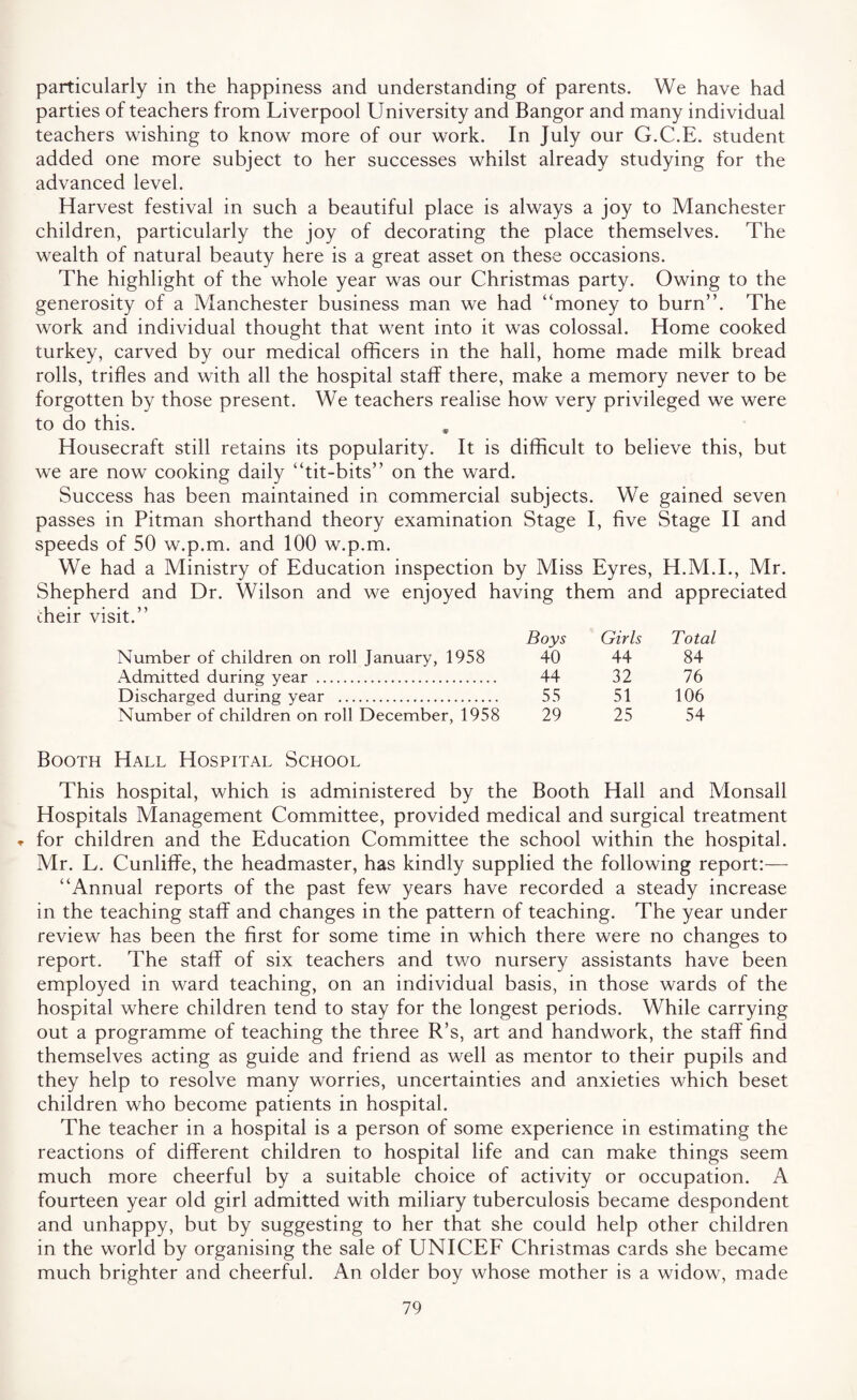 particularly in the happiness and understanding of parents. We have had parties of teachers from Liverpool University and Bangor and many individual teachers wishing to know more of our work. In July our G.C.E. student added one more subject to her successes whilst already studying for the advanced level. Harvest festival in such a beautiful place is always a joy to Manchester children, particularly the joy of decorating the place themselves. The wealth of natural beauty here is a great asset on these occasions. The highlight of the whole year was our Christmas party. Owing to the generosity of a Manchester business man we had “money to burn’’. The work and individual thought that went into it was colossal. Home cooked turkey, carved by our medical officers in the hall, home made milk bread rolls, trifles and with all the hospital staff there, make a memory never to be forgotten by those present. We teachers realise how very privileged we were to do this. Housecraft still retains its popularity. It is difficult to believe this, but we are now cooking daily “tit-bits” on the ward. Success has been maintained in commercial subjects. We gained seven passes in Pitman shorthand theory examination Stage I, five Stage II and speeds of 50 w.p.m. and 100 w.p.m. We had a Ministry of Education inspection by Miss Eyres, H.M.I., Mr. Shepherd and Dr. Wilson and we enjoyed having them and appreciated cheir visit.” Boys Girls Total Number of children on roll January, 1958 40 44 84 Admitted during year . 44 32 76 Discharged during year . 55 51 106 Number of children on roll December, 1958 29 25 54 Booth Hall Hospital School This hospital, which is administered by the Booth Hall and Monsall Hospitals Management Committee, provided medical and surgical treatment ♦ for children and the Education Committee the school within the hospital. Mr. L. Cunliffe, the headmaster, has kindly supplied the following report:— “Annual reports of the past few years have recorded a steady increase in the teaching staff and changes in the pattern of teaching. The year under review has been the first for some time in which there were no changes to report. The staff of six teachers and two nursery assistants have been employed in ward teaching, on an individual basis, in those wards of the hospital where children tend to stay for the longest periods. While carrying out a programme of teaching the three R’s, art and handwork, the staff find themselves acting as guide and friend as well as mentor to their pupils and they help to resolve many worries, uncertainties and anxieties which beset children who become patients in hospital. The teacher in a hospital is a person of some experience in estimating the reactions of different children to hospital life and can make things seem much more cheerful by a suitable choice of activity or occupation. A fourteen year old girl admitted with miliary tuberculosis became despondent and unhappy, but by suggesting to her that she could help other children in the world by organising the sale of UNICEF Christmas cards she became much brighter and cheerful. An older boy whose mother is a widow, made