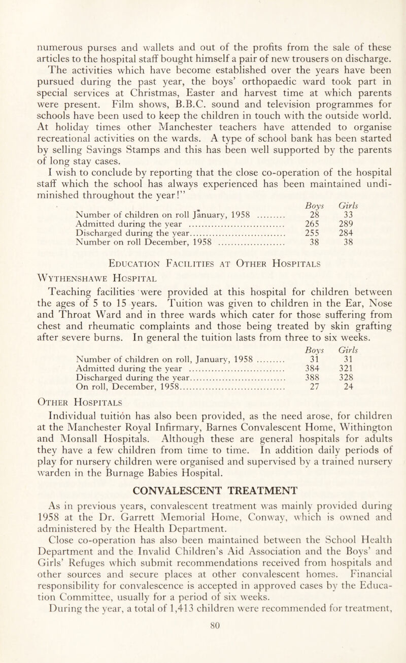 numerous purses and wallets and out of the profits from the sale of these articles to the hospital staff bought himself a pair of new trousers on discharge. The activities which have become established over the years have been pursued during the past year, the boys’ orthopaedic ward took part in special services at Christmas, Easter and harvest time at which parents were present. Film shows, B.B.C. sound and television programmes for schools have been used to keep the children in touch with the outside world. At holiday times other Manchester teachers have attended to organise recreational activities on the wards. A type of school bank has been started by selling Savings Stamps and this has been well supported by the parents of long stay cases. I wish to conclude by reporting that the close co-operation of the hospital staff which the school has always experienced has been maintained undi¬ minished throughout the year!” Boys Girls Number of children on roll January, 1958 . 28 33 Admitted during the year . 265 289 Discharged during the year. 255 284 Number on roll December, 1958 . 38 38 Education Facilities at Other Hospitals Wythenshawe Hospital Teaching facilities were provided at this hospital for children between the ages of 5 to 15 years. Tuition was given to children in the Ear, Nose and Throat Ward and in three wards which cater for those suffering from chest and rheumatic complaints and those being treated by skin grafting after severe burns. In general the tuition lasts from three to six weeks. Boys Girls Number of children on roll, January, 1958 . 31 31 Admitted during the year . 384 321 Discharged during the year. 388 328 On roll, December, 1958. 27 24 Other Hospitals Individual tuition has also been provided, as the need arose, for children at the Manchester Royal Infirmary, Barnes Convalescent Home, Withington and Alonsall Hospitals. Although these are general hospitals for adults they have a few children from time to time. In addition daily periods of play for nursery children were organised and supervised by a trained nursery warden in the Burnage Babies Hospital. CONVALESCENT TREATMENT As in previous years, convalescent treatment was mainly provided during 1958 at the Dr. Garrett Alemorial Home, Conway, which is owned and administered by the Health Department. Close co-operation has also been maintained between the School Health Department and the Invalid Children’s Aid Association and the Boys’ and Girls’ Refuges which submit recommendations received from hospitals and other sources and secure places at other convalescent homes. Financial responsibility for convalescence is accepted in approved cases by the Educa¬ tion Committee, usually for a period of six weeks. During the year, a total of 1,413 children were recommended for treatment,