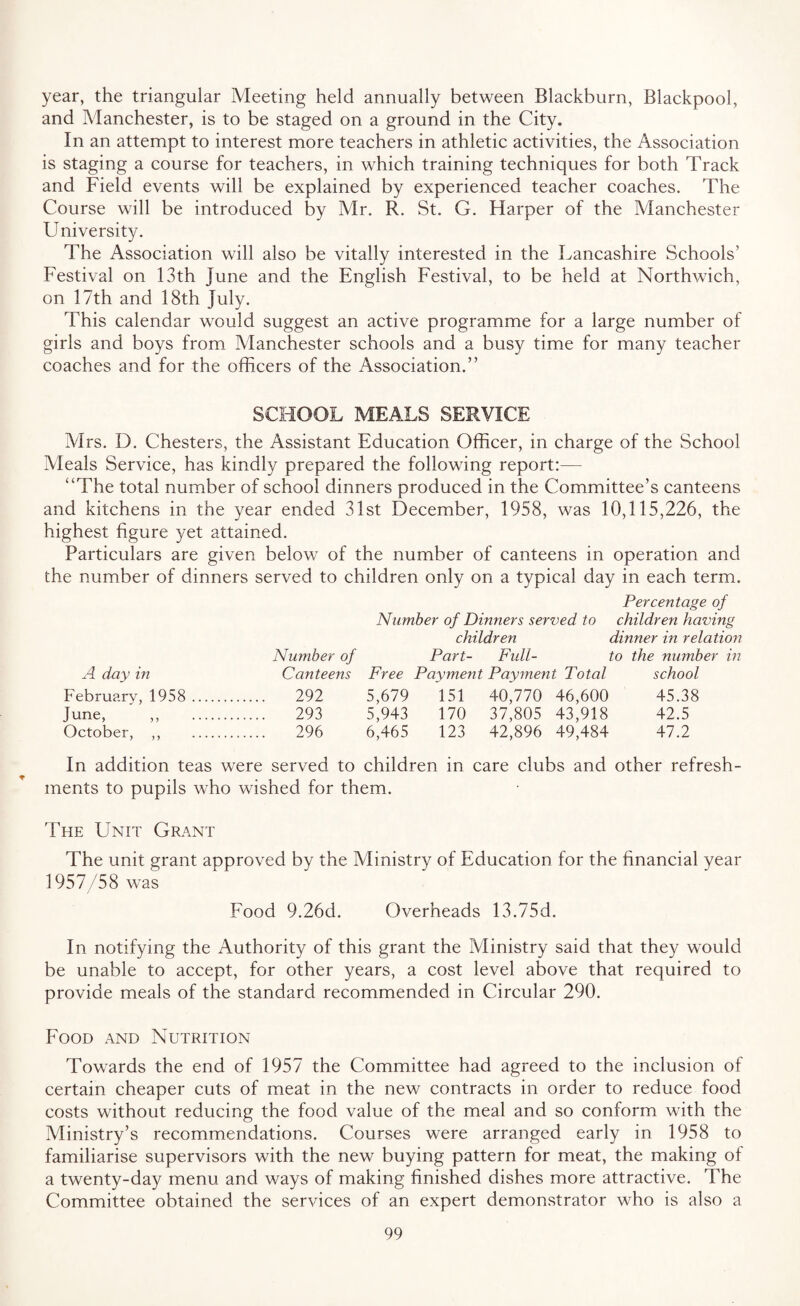 year, the triangular Meeting held annually between Blackburn, Blackpool, and Manchester, is to be staged on a ground in the City. In an attempt to interest more teachers in athletic activities, the Association is staging a course for teachers, in which training techniques for both Track and Field events will be explained by experienced teacher coaches. The Course will be introduced by Mr. R. St. G. Harper of the Manchester University. The Association will also be vitally interested in the Lancashire Schools’ Festival on 13th June and the English Festival, to be held at Northwich, on 17th and 18th July. This calendar would suggest an active programme for a large number of girls and boys from Alanchester schools and a busy time for many teacher coaches and for the officers of the Association.” SCHOOL MEALS SERVICE Airs. D. Chesters, the Assistant Education Officer, in charge of the School Meals Service, has kindly prepared the following report:— “The total number of school dinners produced in the Committee’s canteens and kitchens in the year ended 31st December, 1958, was 10,115,226, the highest figure yet attained. Particulars are given below of the number of canteens in operation and the number of dinners served to children only on a typical day in each term. Percentage of Number of Dinners served to children having children dinner in relation Number of Part- Fidl- to the number in A day in Canteens Free Payment Payment Total school February, 1958 . 292 5,679 151 40,770 46,600 45.38 June, ,, 293 5,943 170 37,805 43,918 42.5 October, ,, 296 6,465 123 42,896 49,484 47.2 In addition teas were served to children in care clubs and other refresh¬ ments to pupils who wished for them. The Unit Grant The unit grant approved by the Alinistry of Education for the financial year 1957/58 was Food 9.26d. Overheads 13.75d. In notifying the Authority of this grant the Ministry said that they would be unable to accept, for other years, a cost level above that required to provide meals of the standard recommended in Circular 290. Food and Nutrition Towards the end of 1957 the Committee had agreed to the inclusion of certain cheaper cuts of meat in the new contracts in order to reduce food costs without reducing the food value of the meal and so conform with the Ministry’s recommendations. Courses were arranged early in 1958 to familiarise supervisors with the new buying pattern for meat, the making of a twenty-day menu and ways of making finished dishes more attractive. The Committee obtained the services of an expert demonstrator who is also a