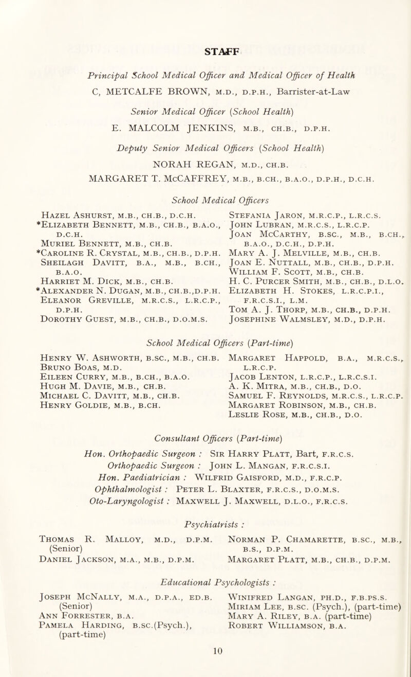 STAFF Principal School Medical Officer and Medical Officer of Health C, METCALFE BROWN, m.d., d.p.h., Barrister-at-Law Senior Medical Officer (School Health) E. MALCOLM JENKINS, m.b., ch.b., d.p.h. Deputy Senior Medical Officers (School Health) NORAH REGAN, m.d., ch.b. MARGARET T. McCAFFREY, m.b., b.ch., b.a.o., d.p.h., d.c.h. School Medical Officers Hazel Ashurst, m.b., ch.b., d.c.h. ♦Elizabeth Bennett, m.b., ch.b., b.a.o., d.c.h. Muriel Bennett, m.b., ch.b. ♦Caroline R. Crystal, m.b., ch.b., d.p.h. SHEILAGH DaVITT, B.A., M.B., B.CH., B.A.O. Harriet M. Dick, m.b., ch.b. ♦Alexander N. Dugan, m.b., ch.b.,d.p.h. Eleanor Greville, m.r.c.s., l.r.c.p., d.p.h. Dorothy Guest, m.b., ch.b., d.o.m.s. StEFANIA JaRON, M.R.C.P., L.R.C.S. John Lubran, m.r.c.s., l.r.c.p. Joan McCarthy, b.sc., m.b., b.ch., B.A.O., D.C.H., D.P.H. Mary A. J. Melville, m.b., ch.b. Joan E. Nuttall, m.b., ch.b., d.p.h. William F. Scott, m.b., ch.b. H. C. Purcer Smith, m.b., ch.b., d.l.o. Elizabeth H. Stokes, l.r.c.p.i., F.R.C.S.I., L.M. Tom A. J. Thorp, m.b., ch.b., d.p.h. Josephine Walmsley, m.d., d.p.h. School Medical Officers (.Part-time) Henry W. Ashworth, b.sc., m.b., ch.b. Bruno Boas, m.d. Eileen Curry, m.b., b.ch., b.a.o. Hugh M. Davie, m.b., ch.b. Michael C. Davitt, m.b., ch.b. Henry Goldie, m.b., b.ch. Margaret Happold, b.a., m.r.c.s., l.r.c.p. Jacob Lenton, l.r.c.p., l.r.c.s.i. A. K. Mitra, m.b., ch.b., d.o. Samuel F. Reynolds, m.r.c.s., l.r.c.p. Margaret Robinson, m.b., ch.b. Leslie Rose, m.b., ch.b., d.o. Consultant Officers (Part-time) Hon. Orthopaedic Surgeon : Sir Harry Platt, Bart, f.r.c.s. Orthopaedic Surgeon : John L. Mangan, f.r.c.s.i. Hon. Paediatrician : Wilfrid Gaisford, m.d., f.r.c.p. Ophthalmologist : Peter L. Blaxter, f.r.c.s., d.o.m.s. Oto-Laryngologist : Maxwell J. Maxwell, d.l.o., f.r.c.s. Psychiatrists : Thomas R. Malloy, m.d., d.p.m. (Senior) Daniel Jackson, m.a., m.b., d.p.m. Norman P. Chamarette, b.sc., m.b. B.S., D.P.M. Margaret Platt, m.b., ch.b., d.p.m. Educational Psychologists : Joseph McNally, m.a., d.p.a., ed.b. (Senior) Ann Forrester, b.a. Pamela Harding, b.sc.(Psych.), (part-time) Winifred Langan, ph.d., f.b.ps.s. Miriam Lee, b.sc. (Psych.), (part-time) Mary A. Riley, b.a. (part-time) Robert Williamson, b.a.