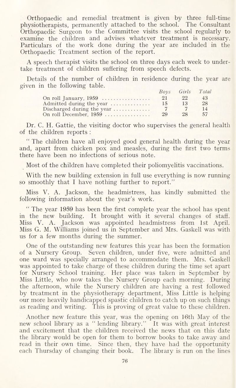 Orthopaedic and remedial treatment is given by three full-time physiotherapists, permanently attached to the school. The Consultant Orthopaedic Surgeon to the Committee visits the school regularly to examine the children and advises whatever treatment is necessary. Particulars of the work done during the year are included in the Orthopaedic Treatment section of the report. A speech therapist visits the school on three days each week to under¬ take treatment of children suffering from speech defects. Details of the number of children in residence during the year are given in the following table. Boys Girls Total On roll January, 1959 . . .. 21 22 43 Admitted during the year. . 15 13 28 Discharged during the year. . 7 7 14 On roll December, 1959 . . 29 28 57 Dr. C. H. Gattie, the visiting doctor who supervises the general health of the children reports : “ The children have all enjoyed good general health during the year and, apart from chicken pox and measles, during the first two terms there have been no infections of serious note. Most of the children have completed their poliomyelitis vaccinations. With the new building extension in full use everything is now running so smoothly that I have nothing further to report.” Miss V. A. Jackson, the headmistress, has kindly submitted the following information about the year’s work. ” The year 1959 has been the first complete year the school has spent in the new building. It brought with it several changes of staff. Miss V. A. Jackson was appointed headmistress from 1st April. Miss G. M. Williams joined us in September and Mrs. Gaskell was with us for a few months during the summer. One of the outstanding new features this year has been the formation of a Nursery Group. Seven children, under five, were admitted and one ward was specially arranged to accommodate them. Mrs. Gaskell was appointed to take charge of these children during the time set apart for Nursery School training. Her place was taken in September by Miss Little, who now takes the Nursery Group each morning. During the afternoon, while the Nursery children are having a rest followed by treatment in the physiotherapy department, Miss Little is helping our more heavily handicapped spastic children to catch up on such things as reading and writing. This is proving of great value to these children. Another new feature this year, was the opening on 16th May of the new school library as a “ lending library.” It was with great interest and excitement that the children received the news that on this date the library would be open for them to borrow books to take away and read in their own time. Since then, they have had the opportunity each Thursday of changing their book. The library is run on the lines