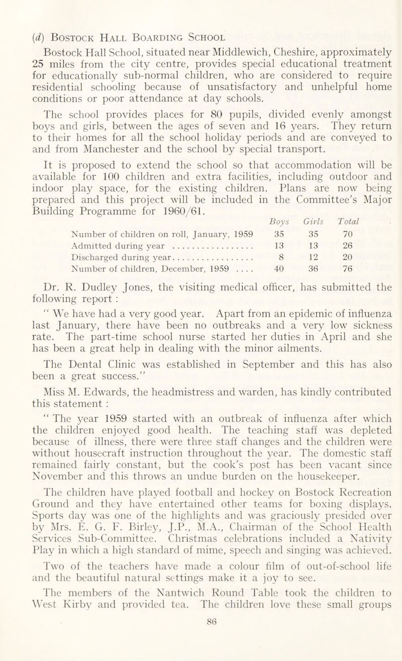 (d) Bostock Hall Boarding School Bostock Hall School, situated near Middlewich, Cheshire, approximately 25 miles from the city centre, provides special educational treatment for educationally sub-normal children, who are considered to require residential schooling because of unsatisfactory and unhelpful home conditions or poor attendance at day schools. The school provides places for 80 pupils, divided evenly amongst boys and girls, between the ages of seven and 16 years. They return to their homes for all the school holiday periods and are conveyed to and from Manchester and the school by special transport. It is proposed to extend the school so that accommodation will be available for 100 children and extra facilities, including outdoor and indoor play space, for the existing children. Plans are now being prepared and this project will be included in the Committee's Major Building Programme for 1960/61. Boys Girls Total Number of children on roll, January, 1959 35 35 70 Admitted during year . 13 13 26 Discharged during year. 8 12 20 Number of children, December, 1959 .... 40 36 76 Dr. R. Dudley Jones, the visiting medical officer, has submitted the following report : “ We have had a very good year. Apart from an epidemic of influenza last January, there have been no outbreaks and a very low sickness rate. The part-time school nurse started her duties in April and she has been a great help in dealing with the minor ailments. The Dental Clinic was established in September and this has also been a great success. Miss M. Edwards, the headmistress and warden, has kindly contributed this statement : “ The year 1959 started with an outbreak of influenza after which the children enjoyed good health. The teaching staff was depleted because of illness, there were three staff changes and the children were without housecraft instruction throughout the year. The domestic staff remained fairly constant, but the cook's post has been vacant since November and this throws an undue burden on the housekeeper. The children have played football and hockey on Bostock Recreation Ground and they have entertained other teams for boxing displays. Sports day was one of the highlights and was graciously presided over by Mrs. E. G. F. Birley, J.P., M.A., Chairman of the School Health Services Sub-Committee. Christmas celebrations included a Nativity Play in which a high standard of mime, speech and singing was achieved. Two of the teachers have made a colour film of out-of-school life and the beautiful natural settings make it a joy to see. The members of the Nantwich Round Table took the children to West Kirby and provided tea. The children love these small groups