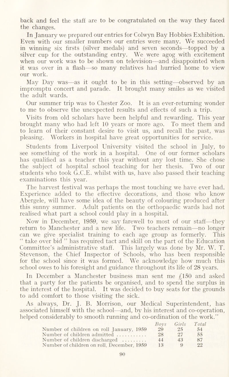 back and feel the staff are to be congratulated on the way they faced the changes. In January we prepared our entries for Colwyn Bay Hobbies Exhibition. Even with our smaller numbers our entries were many. We succeeded in winning six firsts (silver medals) and seven seconds—topped by a silver cup for the outstanding entry. We were agog with excitement when our work was to be shown on television—and disappointed when it was over in a flash—so many relatives had hurried home to view our work. May Day was—as it ought to be in this setting—observed by an impromptu concert and parade. It brought many smiles as we visited the adult wards. Our summer trip was to Chester Zoo. It is an ever-returning wonder to me to observe the unexpected results and effects of such a trip. Visits from old scholars have been helpful and rewarding. This year brought many who had left 10 years or more ago. To meet them and to learn of their constant desire to visit us, and recall the past, was pleasing. Workers in hospital have great opportunities for service. Students from Liverpool University visited the school in July, to see something of the work in a hospital. One of our former scholars has qualified as a teacher this year without any lost time. She chose the subject of hospital school teaching for her thesis. Two of our students who took G.C.E. whilst with us, have also passed their teaching examinations this year. The harvest festival was perhaps the most touching we have ever had. Experience added to the effective decorations, and those who know Abergele, will have some idea of the beauty of colouring produced after this sunny summer. Adult patients on the orthopaedic wards had not realised what part a school could play in a hospital. Now in December, 1959, we say farewell to most of our staff—-they return to Manchester and a new life. Two teachers remain—no longer can we give specialist training to each age group as formerly. This “ take over bid ” has required tact and skill on the part of the Education Committee's administrative staff. This largely was done by Mr. W. T. Stevenson, the Chief Inspector of Schools, who has been responsible for the school since it was formed. We acknowledge how much this school owes to his foresight and guidance throughout its life of 28 years. In December a Manchester business man sent me J150 and asked that a party for the patients be organised, and to spend the surplus in the interest of the hospital. It was decided to buy seats for the grounds to add comfort to those visiting the sick. As always, Dr. J. B. Morrison, our Medical Superintendent, has associated himself with the school—and, by his interest and co-operation, helped considerably to smooth running and co-ordination of the work.” Boys Girls Total Number of children on roll January, 1959 Number of children admitted. Number of children discharged . Number of children on roll, December, 1959 29 25 54 28 27 55 44 43 87 13 9 22