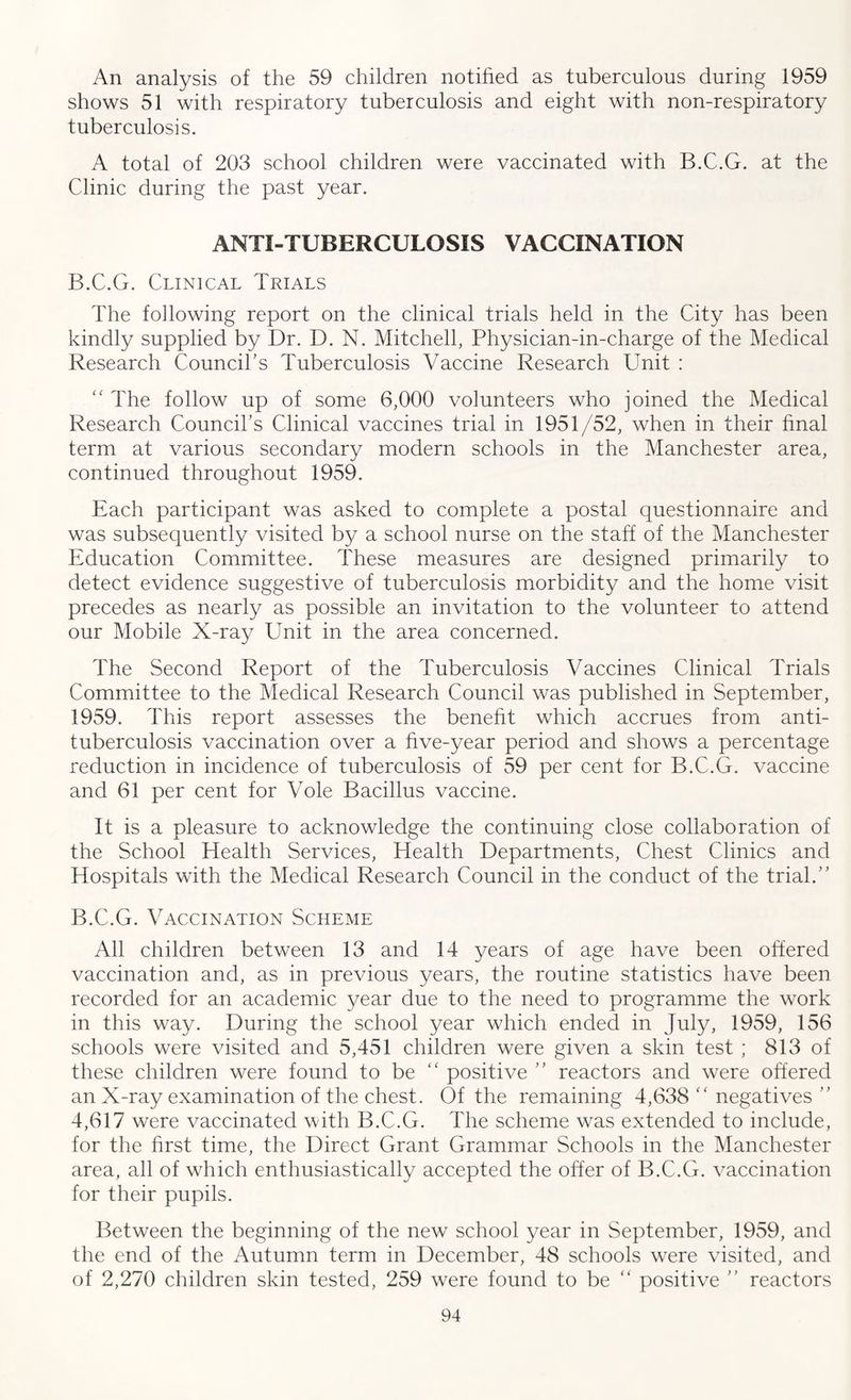 An analysis of the 59 children notified as tuberculous during 1959 shows 51 with respiratory tuberculosis and eight with non-respiratory tuberculosis. A total of 203 school children were vaccinated with B.C.G. at the Clinic during the past year. ANTI-TUBERCULOSIS VACCINATION B.C.G. Clinical Trials The following report on the clinical trials held in the City has been kindly supplied by Dr. D. N. Mitchell, Physician-in-charge of the Medical Research Council’s Tuberculosis Vaccine Research Unit : “ The follow up of some 6,000 volunteers who joined the Medical Research Council’s Clinical vaccines trial in 1951/52, when in their final term at various secondary modern schools in the Manchester area, continued throughout 1959. Each participant was asked to complete a postal questionnaire and was subsequently visited by a school nurse on the staff of the Manchester Education Committee. These measures are designed primarily to detect evidence suggestive of tuberculosis morbidity and the home visit precedes as nearly as possible an invitation to the volunteer to attend our Mobile X-ray Unit in the area concerned. The Second Report of the Tuberculosis Vaccines Clinical Trials Committee to the Medical Research Council was published in September, 1959. This report assesses the benefit which accrues from anti¬ tuberculosis vaccination over a five-year period and shows a percentage reduction in incidence of tuberculosis of 59 per cent for B.C.G. vaccine and 61 per cent for Vole Bacillus vaccine. It is a pleasure to acknowledge the continuing close collaboration of the School Health Services, Health Departments, Chest Clinics and Hospitals with the Medical Research Council in the conduct of the trial.” B.C.G. Vaccination Scheme All children between 13 and 14 years of age have been offered vaccination and, as in previous years, the routine statistics have been recorded for an academic year due to the need to programme the work in this way. During the school year which ended in July, 1959, 156 schools were visited and 5,451 children were given a skin test ; 813 of these children were found to be “ positive ” reactors and were offered an X-ray examination of the chest. Of the remaining 4,638 “ negatives ” 4,617 were vaccinated with B.C.G. The scheme was extended to include, for the first time, the Direct Grant Grammar Schools in the Manchester area, all of which enthusiastically accepted the offer of B.C.G. vaccination for their pupils. Between the beginning of the new school year in September, 1959, and the end of the Autumn term in December, 48 schools wrere visited, and of 2,270 children skin tested, 259 were found to be “ positive ” reactors