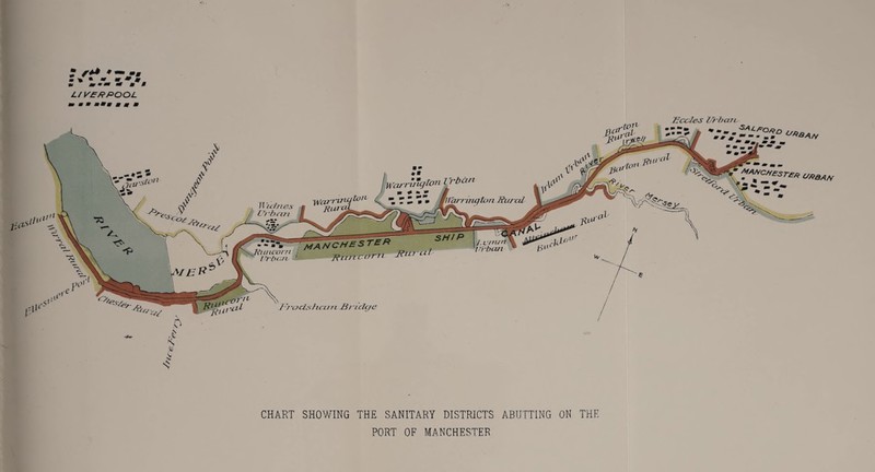 L/VERPOOL Warrington Irban irri/ujton Rural_ 'Itarrmgton Rural Haines C'j’bari J.vnun in-ban Redes l/rbare Manchester Uutcorn , I’rtu.n i Runcorn JenJeii ry /> 'U/s /■j'odsricuri Rridge URBAN CHART SHOWING THE SANITARY DISTRICTS ABUTTING ON THE PORT OF MANCHESTER