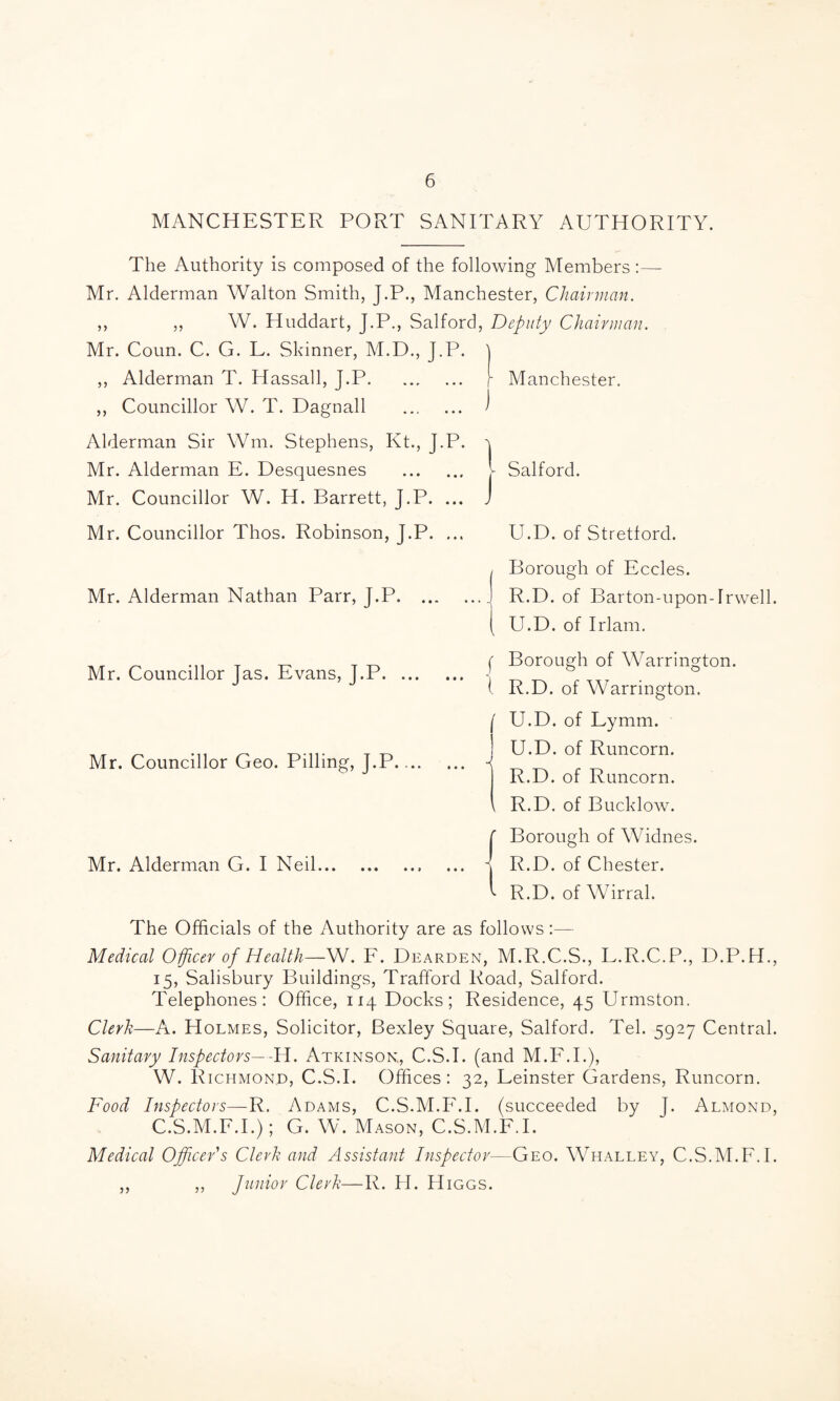 MANCHESTER PORT SANITARY AUTHORITY. The Authority is composed of the following Members :— Mr. Alderman Walton Smith, J.P., Manchester, Chairman. ,, ,, W. Huddart, J.P., Salford, Deputy Chairman. Manchester. Salford. U.D. of Stretford. Borough of Eccles. R.D. of Barton-upon-Irwell. U.D. of Irlam. Borough of Warrington. R.D. of Warrington. U.D. of Lymm. U.D. of Runcorn. R.D. of Runcorn. R.D. of Bucklow. Borough of Widnes. R.D. of Chester. R.D. of Wirral. The Officials of the Authority are as follows:— Medical Officer of Health—W. F. Dearden, M.R.C.S., E.R.C.P., D.P.H., 15, Salisbury Buildings, Trafford Road, Salford. Telephones: Office, 114 Docks; Residence, 45 Urmston. Clerk—A. Holmes, Solicitor, Bexley Square, Salford. Tel. 5927 Central. Sanitary Inspectors— -IE Atkinson., C.S.I. (and M.F.I.), W. R ichmond, C.S.I. Offices: 32, Leinster Gardens, Runcorn. Food Inspectors—R. Adams, C.S.M.F.I. (succeeded by J. Almond, C.S.M.F.I.); G. W. Mason, C.S.M.F.I. Medical Officer's Clerk and Assistant Inspector—Geo. Whalley, C.S.M.F.I. „ Junior Clerk— R. H. H IGGS. Mr. Coun. C. G. L. Skinner, M.D., J.P. ,, Alderman T. Hassall, J.P. ,, Councillor W. T. Dagnall . Alderman Sir Wm. Stephens, Kt., J.P. Mr. Alderman E. Desquesnes . Mr. Councillor W. H. Barrett, J.P. ... Mr. Councillor Thos. Robinson, J.P. ... 1 Mr. Alderman Nathan Parr, J.P. ... I Mr. Councillor Jas. Evans, J.P. -J ( Mr. Councillor Geo. Pilling, J.P. .. - Mr. Alderman G. I Neil... ► • • • 9 • • < yy