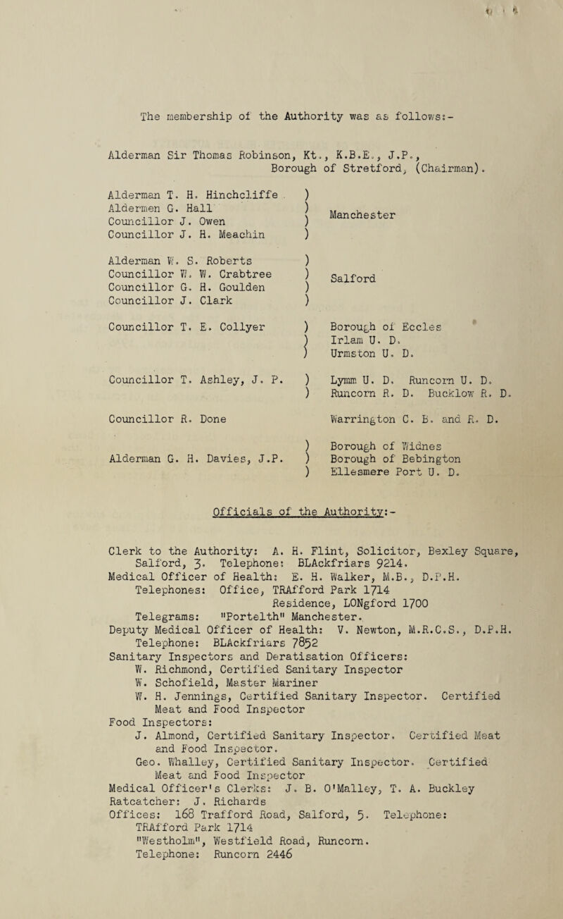 The membership ol the Authority was as follows:- Alderman Sir Thomas Robinson, Kt., K.B.E., J.Po, Borough of Stretford, (Chairman). Alderman T. H. Hinchcliffe . ) Aldermen G. Hall ) Councillor J. Owen ) Councillor J. H. Meachin ) Alderman W. S. Roberts ) Councillor W, W. Crabtree ) Councillor G. H. Goulden ) Councillor J. Clark ) Councillor T. E. Collyer ) Councillor T. Ashley, J. P. ) ) Councillor R. Done ) Alderman G. H. Davies, J.P. ) ) Manchester Salford Borough oi Eccles Irlam U. D> Urmston U. D. Lymm U. D. Runcorn U. Do Runcorn R. D. Bucklow R. D. Warrington C. B. and R. D. Borough of Widnes Borough of Bebington Ellesmere Port U. Do Officials of the Authority:- Clerk to the Authority: A. H. Flint, Solicitor, Bexley Square, Salford, Telephone; BLAckfriars 9214. Medical Officer of Health: E. H. Walker, M.B., D.P.H. Telephones: Office, TRAfford Park 1714 Residence, LONgford 1700 Telegrams: Portelth Manchester. Deputy Medical Officer of Health: V. Newton, M.R.C.S., D.P.H. Telephone: BLAckfriars 7852 Sanitary Inspectors and Deratisation Officers: W. Richmond, Certified Sanitary Inspector W. Schofield, Master Mariner W. H. Jennings, Certified Sanitary Inspector. Certified Meat and Food Inspector Food Inspectors: J. Almond, Certified Sanitary Inspector. Certified Meat and Food Inspector. Geo. Whalley, Certified Sanitary Inspector. Certified Meat and Food Inspector Medical Officer's Clerks: J. B. O'Malley, T. A. Buckley Ratcatcher: J, Richards Offices: l68 Traff'ord Road, Salford, 5* Telephone: TRAfford Park 1714 Westholm, Westfield Road, Runcorn. Telephone: Runcorn 2446