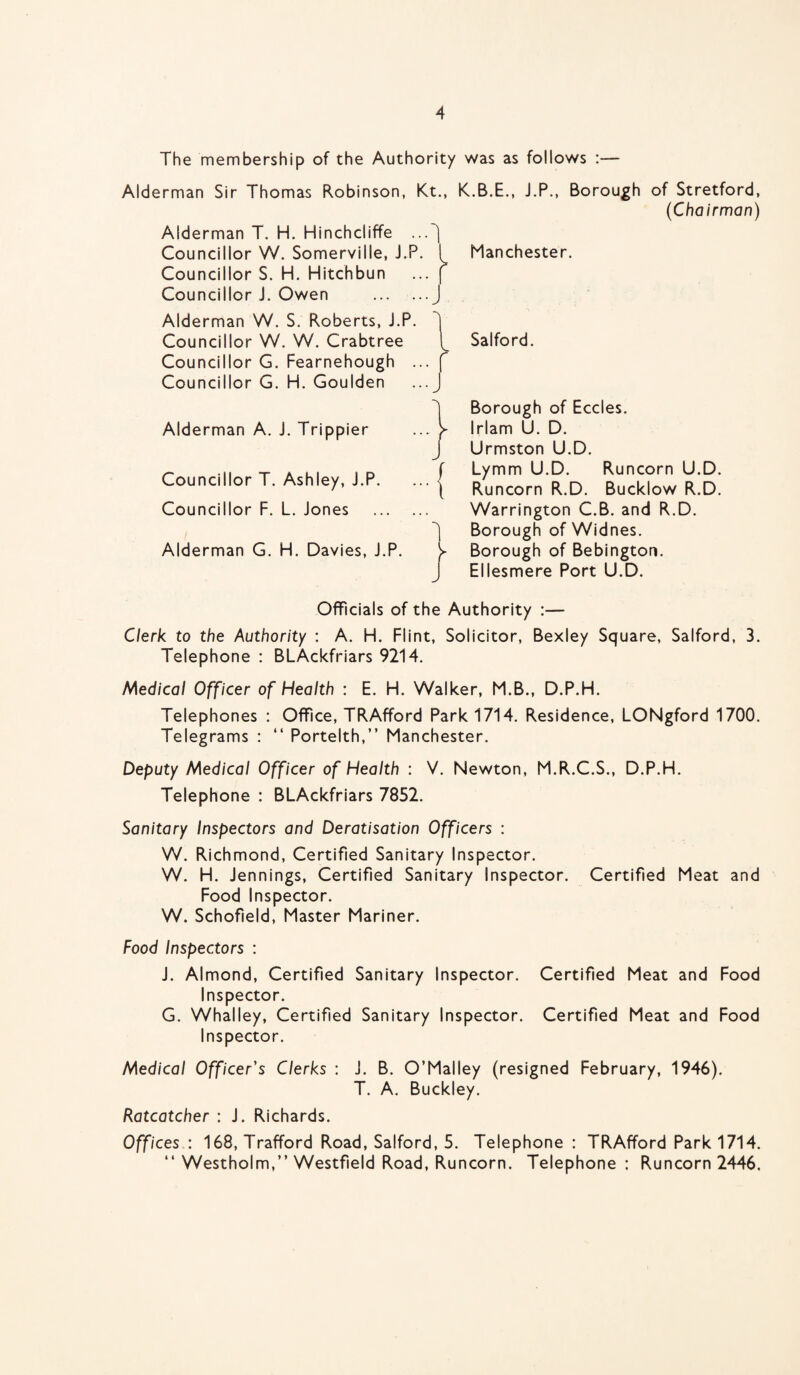 The membership of the Authority was as follows :— Alderman Sir Thomas Robinson, Kt., K.B.E., J.P., Borough of Stretford, (Chairman) Alderman T. H. Hinchcliffe ... ) Councillor W. Somerville, J.P. [ Manchester. Councillor S. H. Hitchbun ... f Councillor J. Owen .J Alderman W. S. Roberts, J.P. 1 Councillor W. W. Crabtree Salford. Councillor G. Fearnehough ... J Councillor G. H. Goulden ... J Alderman A. J. Trippier Councillor T. Ashley, J.P. Councillor F. L. Jones Alderman G. H. Davies, J.P. Borough of Eccles. Irlam U. D. Urmston U.D. Lymm U.D. Runcorn U.D. Runcorn R.D. Bucklow R.D. Warrington C.B. and R.D. Borough of Widnes. Borough of Bebington. Ellesmere Port U.D. Officials of the Authority :— Clerk to the Authority : A. H. Flint, Solicitor, Bexley Square, Salford, 3. Telephone : BLAckfriars 9214. Medical Officer of Health : E. H. Walker, M.B., D.P.H. Telephones : Office, TRAfford Park 1714. Residence, LONgford 1700. Telegrams : “ Portelth,” Manchester. Deputy Medical Officer of Health : V. Newton, M.R.C.S., D.P.H. Telephone : BLAckfriars 7852. Sanitary Inspectors and Deratisation Officers : W. Richmond, Certified Sanitary Inspector. W. H. Jennings, Certified Sanitary Inspector. Certified Meat and Food Inspector. W. Schofield, Master Mariner. Food Inspectors : J. Almond, Certified Sanitary Inspector. Certified Meat and Food Inspector. G. Whalley, Certified Sanitary Inspector. Certified Meat and Food Inspector. Medical Officer's Clerks : J. B. O’Malley (resigned February, 1946). T. A. Buckley. Ratcatcher : J. Richards. Offices : 168, Trafford Road, Salford, 5. Telephone : TRAfford Park 1714. “ Westholm,” Westfield Road, Runcorn. Telephone: Runcorn 2446,