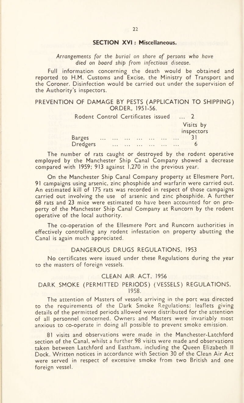 SECTION XVI : Miscellaneous. Arrangements for the burial on shore of persons who have died on board ship from infectious disease. Full information concerning the death would be obtained and reported to H.M. Customs and Excise, the Ministry of Transport and the Coroner. Disinfection would be carried out under the supervision of the Authority’s inspectors. PREVENTION OF DAMAGE BY PESTS (APPLICATION TO SHIPPING) ORDER, 1951-56. Rodent Control Certificates issued ... 2 Visits by inspectors Barges . 31 Dredgers ... 6 The number of rats caught or destroyed by the rodent operative employed by the Manchester Ship Canal Company showed a decrease compared with 1959; 913 against 1,270 in the previous year. On the Manchester Ship Canal Company property at Ellesmere Port, 91 campaigns using arsenic, zinc phosphide and warfarin were carried out. An estimated kill of 175 rats was recorded in respect of those campaigns carried out involving the use of arsenic and zinc phosphide. A further 68 rats and 23 mice were estimated to have been accounted for on pro¬ perty of the Manchester Ship Canal Company at Runcorn by the rodent operative of the local authority. The co-operation of the Ellesmere Port and Runcorn authorities in effectively controlling any rodent infestation on property abutting the Canal is again much appreciated. DANGEROUS DRUGS REGULATIONS, 1953 No certificates were issued under these Regulations during the year to the masters of foreign vessels. CLEAN AIR ACT, 1956 DARK SMOKE (PERMITTED PERIODS) (VESSELS) REGULATIONS, 1958. The attention of Masters of vessels arriving in the port was directed to the requirements of the Dark Smoke Regulations; leaflets giving details of the permitted periods allowed were distributed for the attention of all personnel concerned. Owners and Masters were invariably most anxious to co-operate in doing all possible to prevent smoke emission. 81 visits and observations were made in the Manchester-Latchford section of the Canal, whilst a further 98 visits were made and observations taken between Latchford and Eastham, including the Queen Elizabeth II Dock. Written notices in accordance with Section 30 of the Clean Air Act were served in respect of excessive smoke from two British and one foreign vessel.