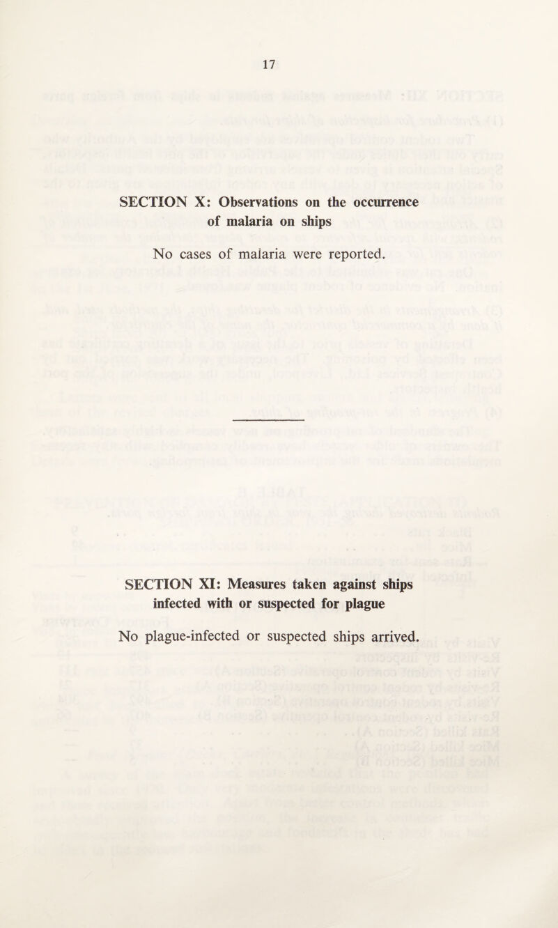 SECTION X: Observations on the occurrence of malaria on ships No cases of malaria were reported. SECTION XI: Measures taken against ships infected with or suspected for plague No plague-infected or suspected ships arrived.