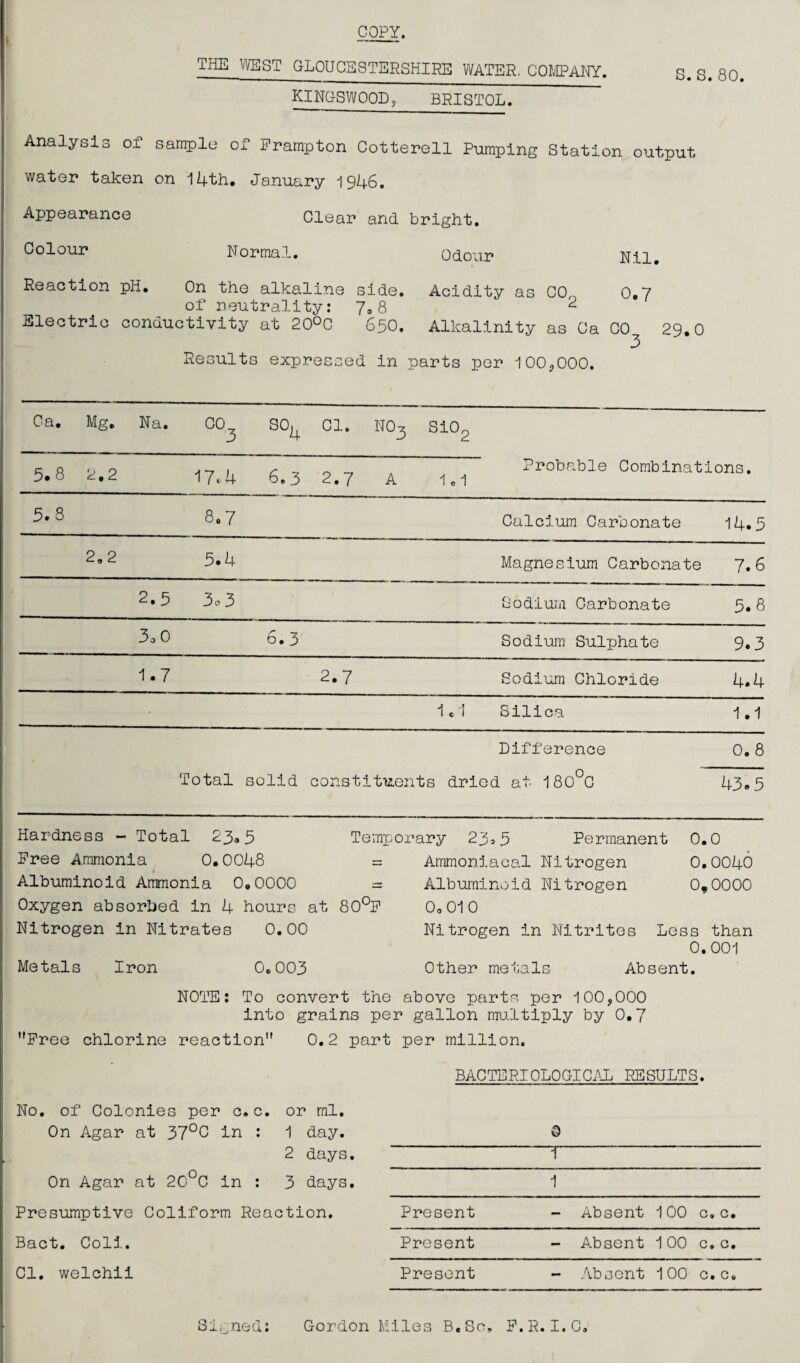 THE WEST GLOUCESTERSHIRE WATER. COMPANY. KINGSWOOD, BRISTOL. S. S. 80. Analysis of sample of Frampton Cotterell Pumping Station output water taken on 14th. January 1946. Appearance Clear and bright. Golour Normal. Odour Nil. Reaction pH. On the alkaline side. Acidity as CO, 0.7 of neutrality: 7,8 2 Electric conductivity at 20°C 650. Alkalinity as Ca CO 29.0 3 Results expressed in parts per 100*000. Oa. Mg, Na. CO 3 -H- O GQ 1 Cl. NO3 Si02 5.8 2.2 17.4 6.3 * _ Probable Combinations. 2.7 A 1.1 5.8 8.7 Calcium Carbonate 14.5 2,2 5.4 Magnesium Carbonate 7.6 2.5 3.3 Sodium Carbonate 5.8 3o 0 6.3 Sodium Sulphate 9.3 1.7 2.7 Sodium Chloride 4.4 I.1 Silica 1.1 Difference 0 • Co Total solid constituents dried at 180°C 43.5 Hardness - Total 23.5 Free Ammonia 0.0048 Albuminoid Ammonia 0.0000 Oxygen absorbed in 4 hours at Nitrogen in Nitrates 0.00 Metals Iron 0.003 Temporary 23,5 Permanent 0.0 = Ammoniacal Nitrogen 0.0040 = Albuminoid Nitrogen 0,0000 80°F 0. 01 0 Nitrogen in Nitrites Less than 0.001 Other metals Absent. NOTE: To convert the above parts per 100,000 into grains per gallon multiply by 0,7 ''Free chlorine reaction 0.2 part per million. BACTERIOLOGICAL RESULTS. No. of Colonies per c. c. On Agar at 37°C in : or ml. 1 day. 0 2 days. 1 On Agar at 20°C in : 3 days. 1 Presumptive Coliform Reaction. Present — Absent 100 c © c • Bact. Coli. Present - Absent 100 G • C • Cl. welchii Present - Absent 100 G • C © Signed: Gordon Miles B.So, F.R.I.G