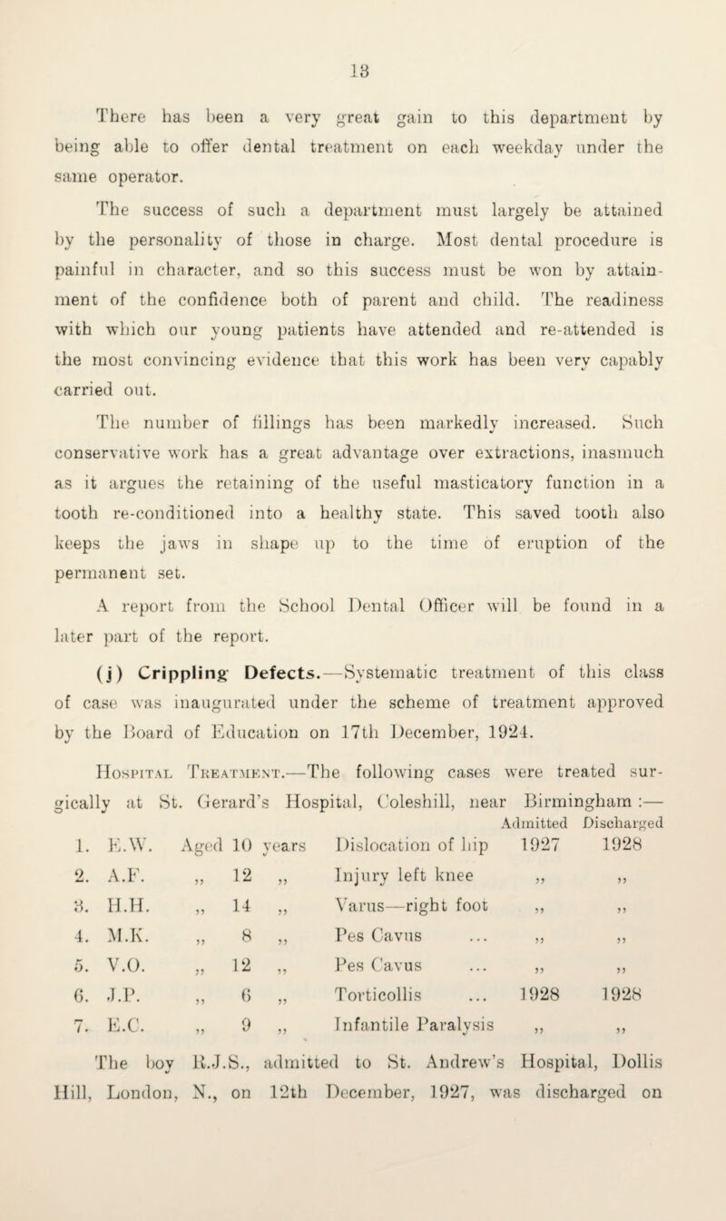 There has been a very great gain to this department by being able to offer dental treatment on each weekday under the same operator. The success of such a department must largely be attained by the personality of those in charge. Most dental procedure is painful in character, and so this success must be won by attain¬ ment of the confidence both of parent and child. The readiness with which our young patients have attended and re-attended is the most convincing evidence that this work has been very capably carried out. The number of fillings has been markedly increased. Such conservative work has a great advantage over extractions, inasmuch as it argues the retaining of the useful masticatory function in a tooth re-conditioned into a healthy state. This saved tooth also keeps the jaws in shape up to the time of eruption of the permanent set. A report from the School Dental Officer will be found in a later part of the report. (j) Crippling- Defects.—Systematic treatment of this class of case was inaugurated under the scheme of treatment approved by the Board of Education on 17th December, 1924. Hospital Treatment.—The following cases were treated sur¬ gically at St. Gerard’s Hospital, Coleshill, near Birmingham :— 1. K.W. Aged O 10 years %J Dislocation of hip Admitted 1927 Discharged 1928 9 m • A.F. 99 12 „ Injury left knee 99 99 3. H.H. 99 U „ Varus—right foot 99 99 4. M.K. 9 9 8 „ Pes Cavus 9 ) 99 0. V.O. 99 12 „ Pes Cavus 99 99 6. J.P. 99 6 „ Torticollis 1928 1928 7. E.C. 99 9 ” Infantile Paralysis 99 The Hoy R.J.S., admitted to St. Andrew’s Hospital, Dollis Hill, London, N., on 12th December, 1927, was discharged on