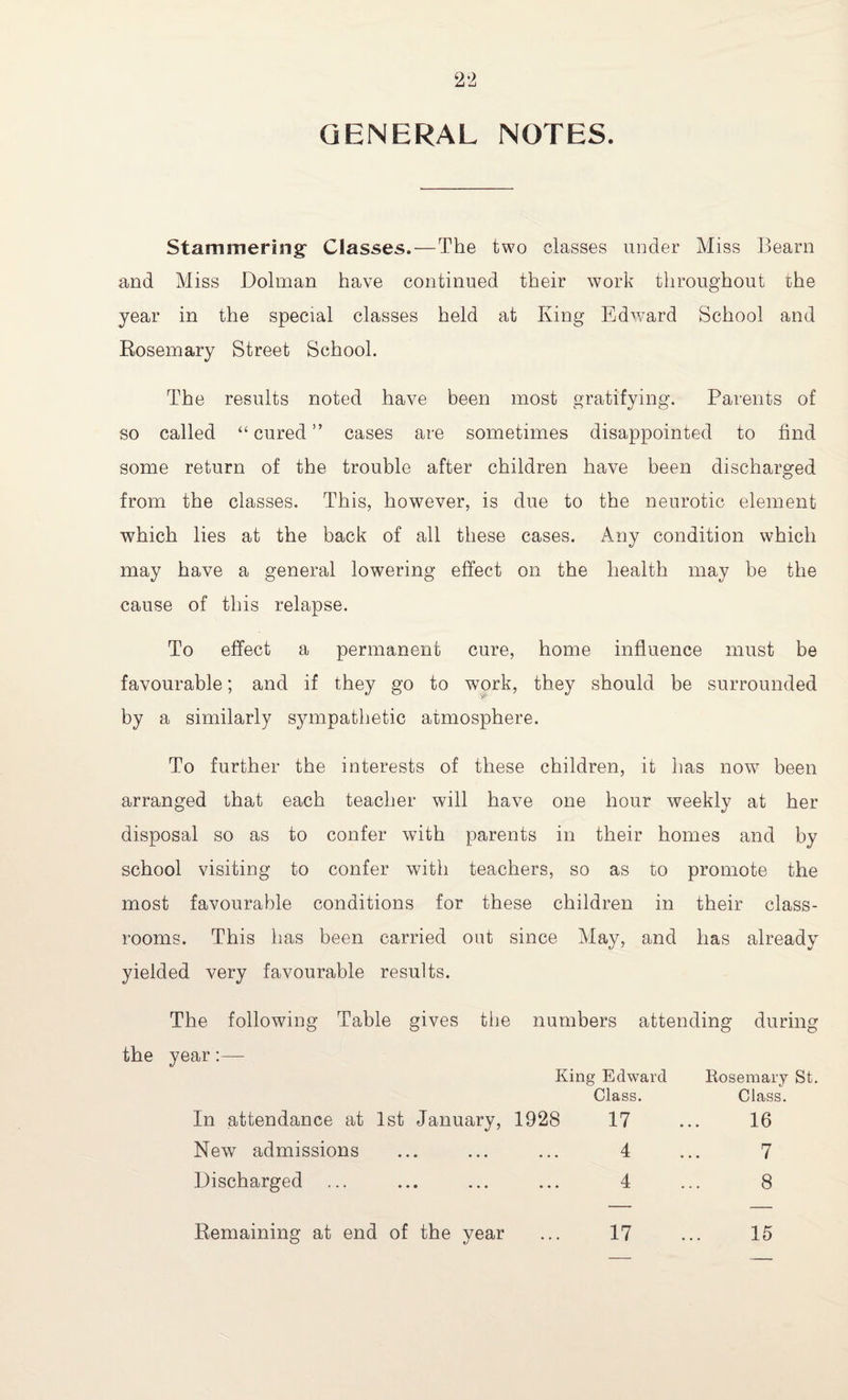 GENERAL NOTES. Stammering- Classes.—The two classes under Miss Bearn and Miss Dolman have continued their work throughout the year in the special classes held at King Edward School and Rosemary Street School. The results noted have been most gratifying. Parents of so called “ cured ” cases are sometimes disappointed to find some return of the trouble after children have been discharged from the classes. This, however, is due to the neurotic element which lies at the back of all these cases. Any condition which may have a general lowering effect on the health may be the cause of this relapse. To effect a permanent cure, home influence must be favourable; and if they go to work, they should be surrounded by a similarly sympathetic atmosphere. To further the interests of these children, it has now been arranged that each teacher will have one hour weekly at her disposal so as to confer with parents in their homes and by school visiting to confer with teachers, so as to promote the most favourable conditions for these children in their class¬ rooms. This has been carried out since May, and has already yielded very favourable results. The following Table gives the numbers attending during the year:— King Edward Kosemary St. Class. Class. In attendance at 1st January, 1928 17 16 New admissions 4 7 Discharged 4 8 Remaining at end of the year 17 15