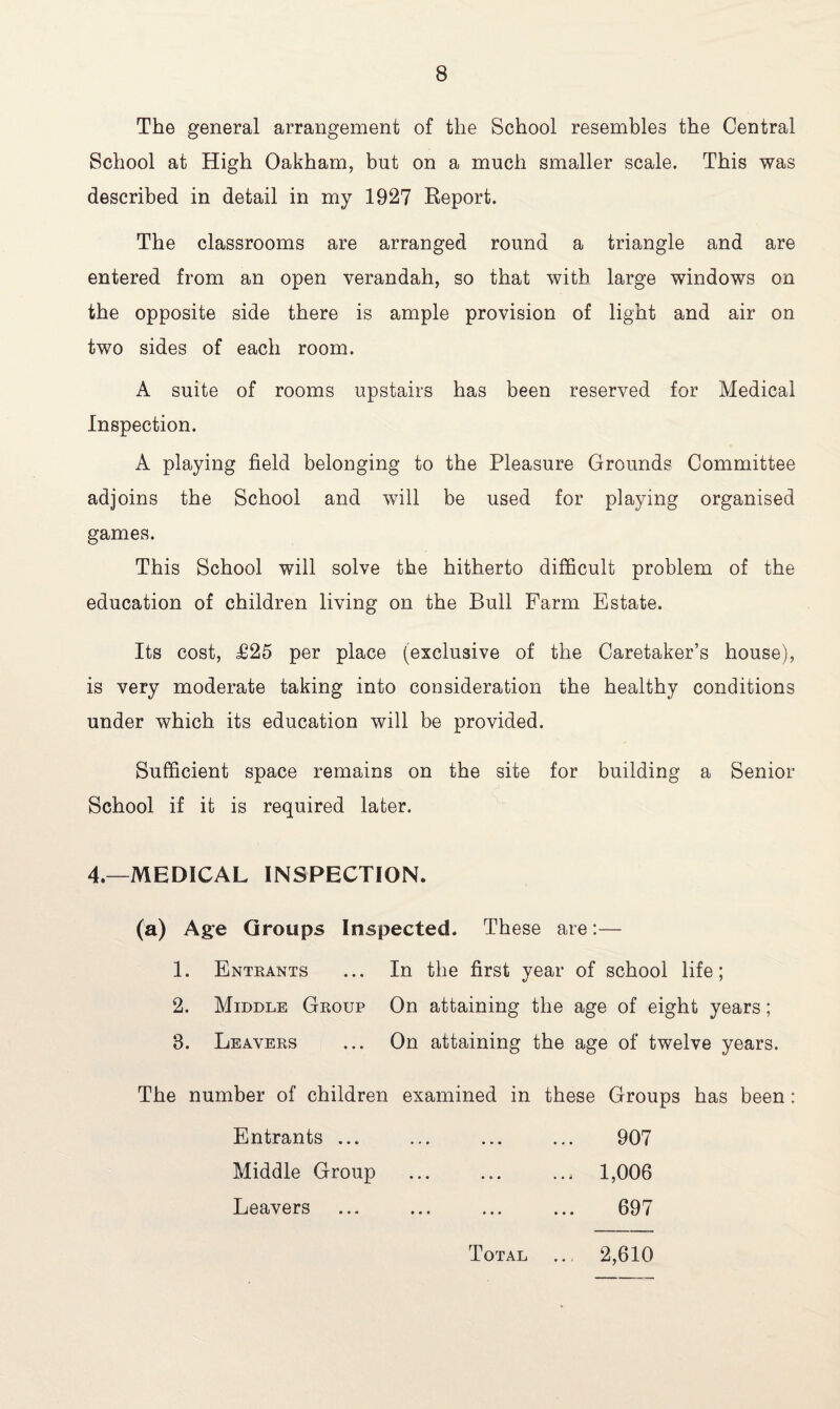 The general arrangement of the School resembles the Central School at High Oakham, but on a much smaller scale. This was described in detail in my 1927 Report. The classrooms are arranged round a triangle and are entered from an open verandah, so that with large windows on the opposite side there is ample provision of light and air on two sides of each room. A suite of rooms upstairs has been reserved for Medical Inspection. A playing field belonging to the Pleasure Grounds Committee adjoins the School and will be used for playing organised games. This School will solve the hitherto difficult problem of the education of children living on the Bull Farm Estate. Its cost, £25 per place (exclusive of the Caretaker’s house), is very moderate taking into consideration the healthy conditions under which its education will be provided. Sufficient space remains on the site for building a Senior School if it is required later. 4.—MEDICAL INSPECTION. (a) Age Groups Inspected. These are:— 1. Entrants ... In the first year of school life; 2. Middle Group On attaining the age of eight years; 8. Leavers ... On attaining the age of twelve years. The number of children examined in these Groups has been : Entrants ... Middle Group Leavers 907 1,006 697 Total ... 2,610