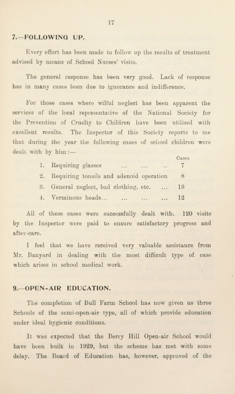 7.—FOLLOWING UP. Every effort has been made to follow up the results of treatment advised by means of School Nurses’ visits. The general response has been very good. Lack of response has in many cases been due to ignorance and indifference. For those cases where wilful neglect has been apparent the services of the local representative of the National Society for the Prevention of Cruelty to Children have been utilised with excellent results. The Inspector of this Society reports to me that during the year the following cases of school children were dealt with by him :— Cases 1. Requiring glasses ... ... ... 7 2. Requiring tonsils and adenoid operation 8 3. General neglect, bad clothing, etc. ... 13 4. Verminous heads... ... ... ... 12 All of these cases were successfully dealt with. 120 visits by the Inspector were paid to ensure satisfactory progress and after-care. I feel that we have received very valuable assistance from Mr. Banyard in dealing with the most difficult type of case which arises in school medical work. 9.—OPEN-AIR EDUCATION. The completion of Bull Farm School has now given us three Schools of the semi-open-air type, all of which provide education under ideal hygienic conditions. It was expected that the Berry Hill Open-air School would have been built in 1929, but the scheme has met with some delay. The Board of Education has, however, approved of the