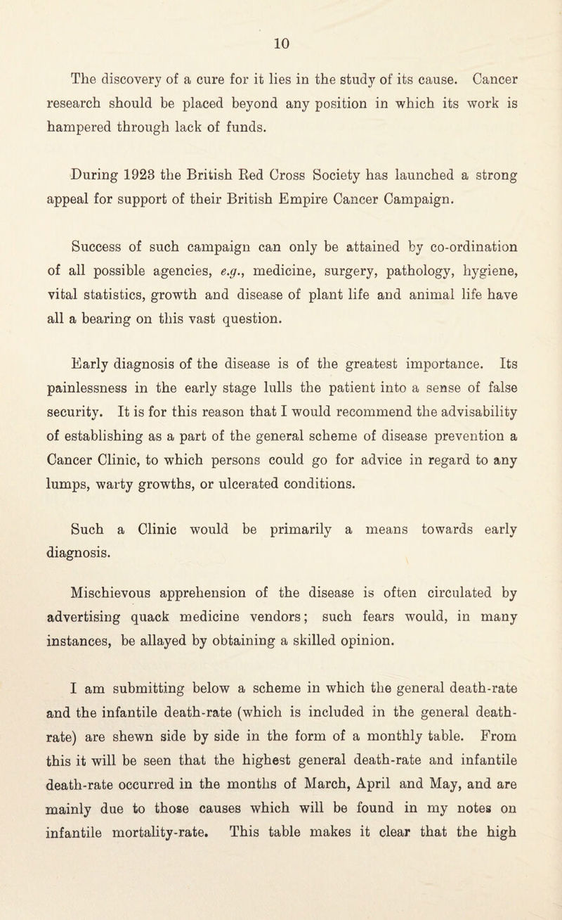 The discovery of a cure for it lies in the study of its cause. Cancer research should be placed beyond any position in which its work is hampered through lack of funds. During 1928 the British Red Cross Society has launched a strong appeal for support of their British Empire Cancer Campaign. Success of such campaign can only be attained by co-ordination of all possible agencies, e.g., medicine, surgery, pathology, hygiene, vital statistics, growth and disease of plant life and animal life have all a bearing on this vast question. Early diagnosis of the disease is of the greatest importance. Its painlessness in the early stage lulls the patient into a sense of false security. It is for this reason that I would recommend the advisability of establishing as a part of the general scheme of disease prevention a Cancer Clinic, to which persons could go for advice in regard to any lumps, warty growths, or ulcerated conditions. Such a Clinic would be primarily a means towards early diagnosis. Mischievous apprehension of the disease is often circulated by advertising quack medicine vendors; such fears would, in many instances, be allayed by obtaining a skilled opinion. I am submitting below a scheme in which the general death-rate and the infantile death-rate (which is included in the general death- rate) are shewn side by side in the form of a monthly table. From this it will be seen that the highest general death-rate and infantile death-rate occurred in the months of March, April and May, and are mainly due to those causes which will be found in my notes on infantile mortality-rate* This table makes it clear that the high