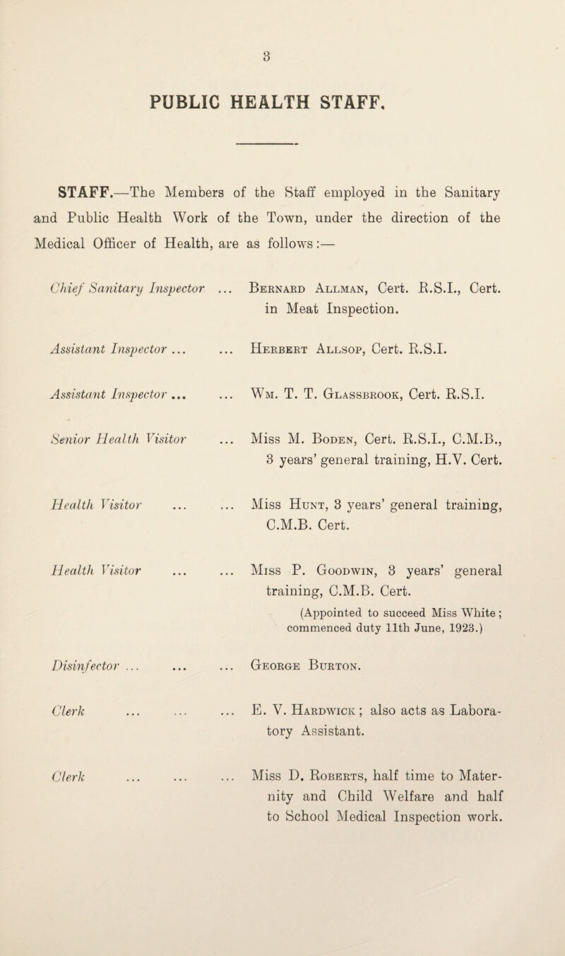 PUBLIC HEALTH STAFF. STAFF.—The Members of the Staff employed in the Sanitary and Public Health Work of the Town, under the direction of the Medical Officer of Health, are as follows:— Chief Sanitary Inspector Bernard Allman, Cert. R.S.I., Cert, in Meat Inspection. Assistant Inspector ... Herbert Allsop, Cert. R.S.I. Assistant Inspector ... Wm. T. T. Glassbrook, Cert. R.S.I. Senior Health Visitor Miss M. Boden, Cert. R.S.I., C.M.B., 3 years’ general training, H.Y. Cert. Health Visitor Miss Hunt, 3 years’ general training, C.M.B. Cert. Health Visitor Miss P. Goodwin, 3 years’ general training, C.M.B. Cert. (Appointed to succeed Miss White ; commenced duty 11th June, 1923.) Disinfector ... George Burton. Clerk E. Y. Hardwick; also acts as Labora¬ tory Assistant. Clerk Miss D. Roberts, half time to Mater¬ nity and Child Welfare and half to School Medical Inspection work.