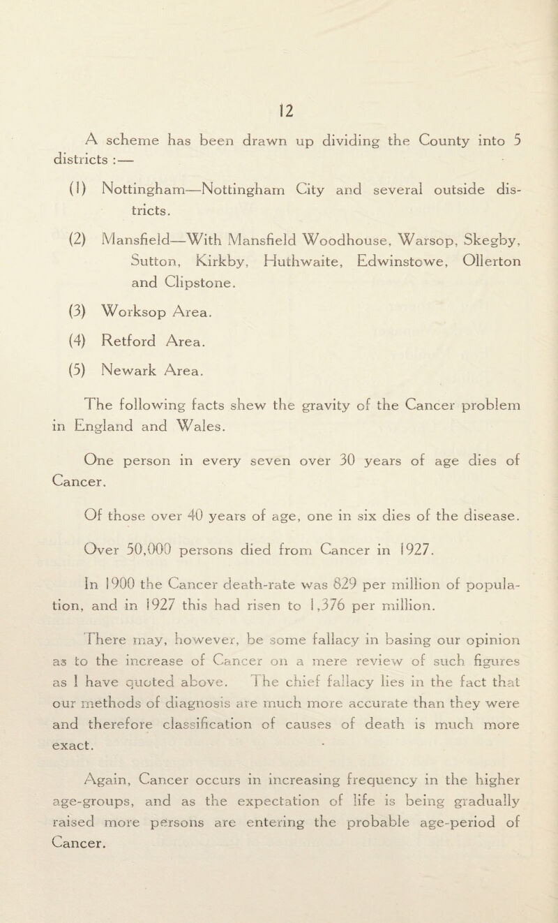 A scheme has been drawn up dividing the County into 5 districts : — (1) Nottingham—Nottingham City and several outside dis¬ tricts. (2) Mansfield—With Mansfield Woodhouse, Warsop, Skegby, Sutton, Kirkby, Huthwaite, Edwinstcwe, Ollerton and Clipstone. (3) Worksop Area. (4) Retford Area. (5) Newark Area. The following facts shew the gravity of the Cancer problem in England and Wales. One person in every seven over 30 years of age dies of Cancer. Of those over 40 years of age, one in six dies of the disease. Over 50,000 persons died from Cancer in 1927. in 1900 the Cancer death-rate was 829 per million of popula¬ tion, and in 192/ this had risen to 1,376 per million. There may, however, be some fallacy in basing our opinion as to the increase of Cc mcer on a mere review of such figures as I have quoted above. I he chief fallacy lies in the fact that our methods of diagnosis are much more accurate than they were and therefore classification of causes of death is much more exact. Again, Cancer occurs in increasing frequency in the higher age-groups, and as the expectation of life is being gradually raised more persons are entering the probable age-period of Cancer.