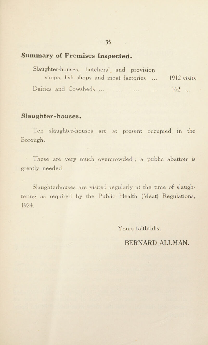 Summary of Premises Inspected. Slaughter-houses, butchers and provision shops, fish shops and meat factories ... 1912 visits Dairies and Cowsheds ... ... ... ... 162 Slaughter-houses. 1 en slaughter-houses are at present occupied in the Borough. * hese are very much overcrowded ; a public abattoir is greatly needed. Slaughterhouses are visited regularly at the time of slaugh¬ tering as required by the Public Health (Meat) Regulations, 1924. Yours faithfully, BERNARD ALLMAN.