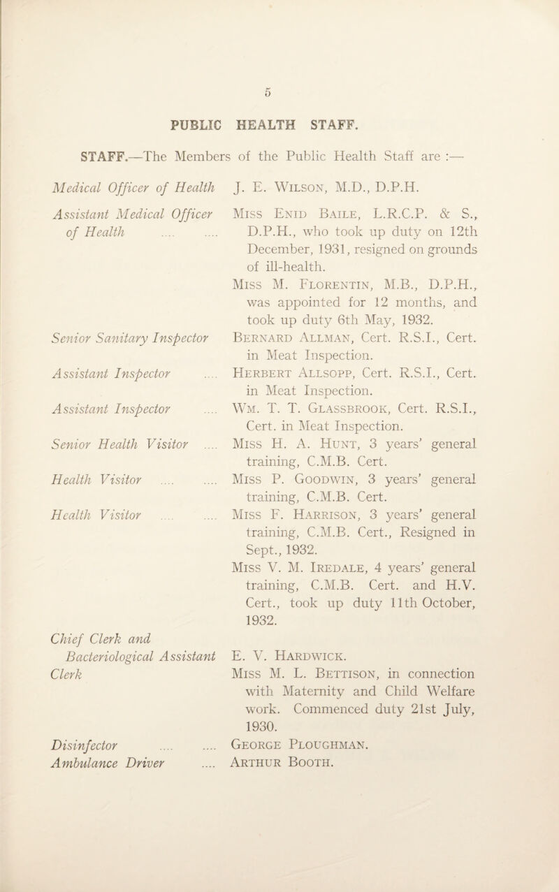 PUBLIC HEALTH STAFF. STAFF.—The Members of the Public Health Staff are :— Medical Officer of Health J. E. Wilson, M.D., D.P.H. Assistant Medical Officer of Health Senior Sanitary Inspector Assistant Inspector Assistant Inspector Senior Health Visitor Health Visitor Health Visitor Chief Clerk and Bacteriological Assistant Clerk Disinfector Ambulance Driver Miss Enid Baile, L.R.C.P. & S., D.P.H., who took up duty on 12th December, 1931, resigned on grounds of ill-health. Miss M. Florentin, M.B., D.P.H., was appointed for 12 months, and took up duty 6th May, 1932. Bernard Allman, Cert. R.S.I., Cert, in Meat Inspection. Herbert Allsopp, Cert. R.S.I., Cert, in Meat Inspection. Wm. T. T. Glassbrook, Cert. R.S.I., Cert, in Meat Inspection. Miss H. A. Hunt, 3 years’ general training, C.M.B. Cert. Miss P. Goodwin, 3 years’ general training, C.M.B. Cert. Miss F. Harrison, 3 years’ general training, C.M.B. Cert., Resigned in Sept., 1932. Miss V. M. Iredale, 4 years’ general training, C.M.B. Cert, and H.V. Cert., took up duty 11th October, 1932. E. V. Hardwick. Miss M. L. Bettison, in connection with Maternity and Child Welfare work. Commenced duty 21st July, 1930. George Ploughman. Arthur Booth.