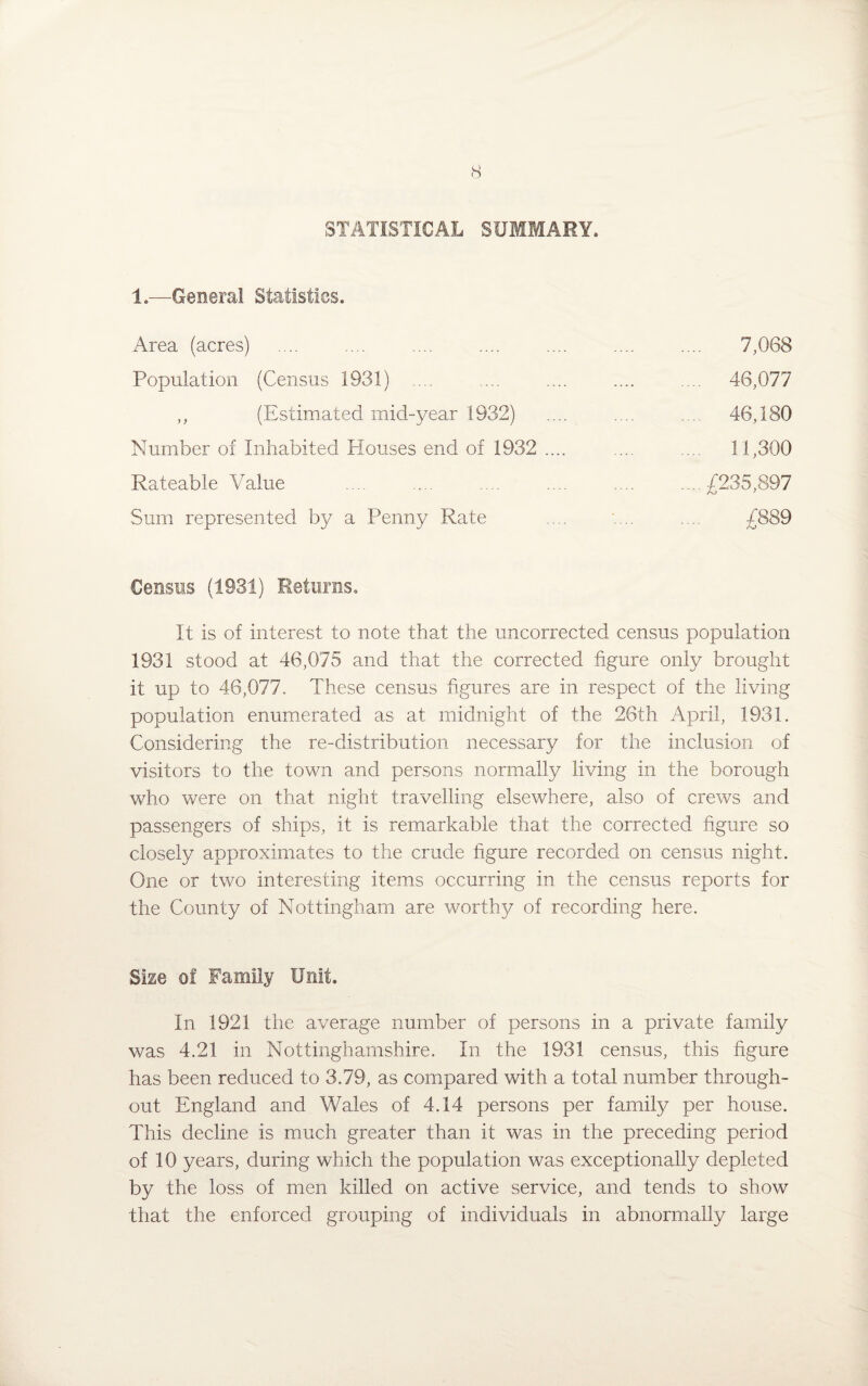 STATISTICAL SUMMARY. 1.—General Statistics. Area (acres) Population (Census 1931) 7,068 46,077 46,180 11,300 (Estimated mid-year 1932) Number of Inhabited Houses end of 1932 .... Rateable Value Sum represented by a Penny Rate £235,897 £889 Census (1931) Returns, It is of interest to note that the uncorrected census population 1931 stood at 46,075 and that the corrected figure only brought it up to 46,077. These census figures are in respect of the living population enumerated as at midnight of the 26th April, 1931. Considering the re-distribution necessary for the inclusion of visitors to the town and persons normally living in the borough who were on that night travelling elsewhere, also of crews and passengers of ships, it is remarkable that the corrected figure so closely approximates to the crude figure recorded on census night. One or two interesting items occurring in the census reports for the County of Nottingham are worthy of recording here. Size of Family Unit. In 1921 the average number of persons in a private family was 4.21 in Nottinghamshire. In the 1931 census, this figure has been reduced to 3.79, as compared with a total number through¬ out England and Wales of 4.14 persons per family per house. This decline is much greater than it was in the preceding period of 10 years, during which the population was exceptionally depleted by the loss of men killed on active service, and tends to show that the enforced grouping of individuals in abnormally large