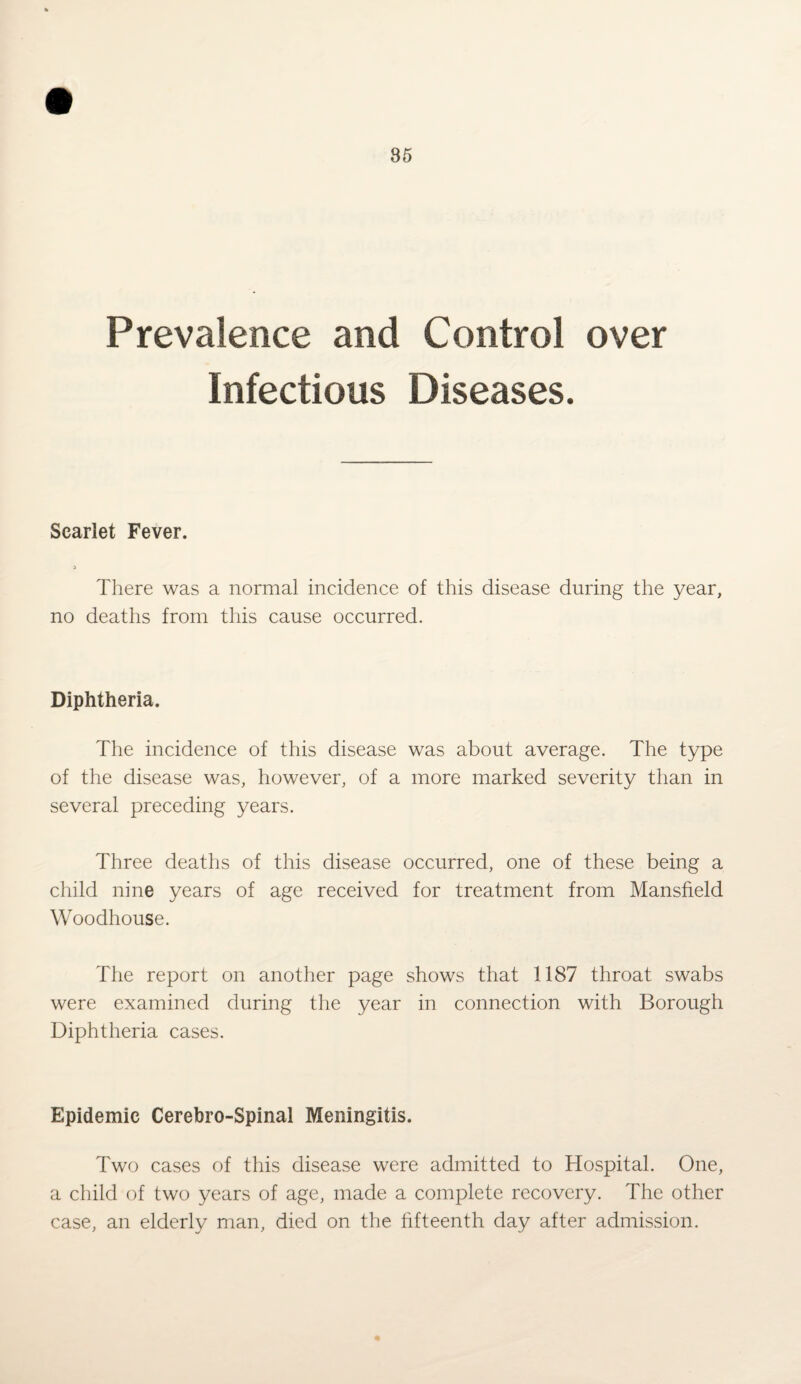 Prevalence and Control over Infectious Diseases. Scarlet Fever. a There was a normal incidence of this disease during the year, no deaths from this cause occurred. Diphtheria. The incidence of this disease was about average. The type of the disease was, however, of a more marked severity than in several preceding years. Three deaths of this disease occurred, one of these being a child nine years of age received for treatment from Mansfield Woodhouse. The report on another page shows that 1187 throat swabs were examined during the year in connection with Borough Diphtheria cases. Epidemic Cerebro-Spinal Meningitis. Two cases of this disease were admitted to Hospital. One, a child of two years of age, made a complete recovery. The other case, an elderly man, died on the fifteenth day after admission.