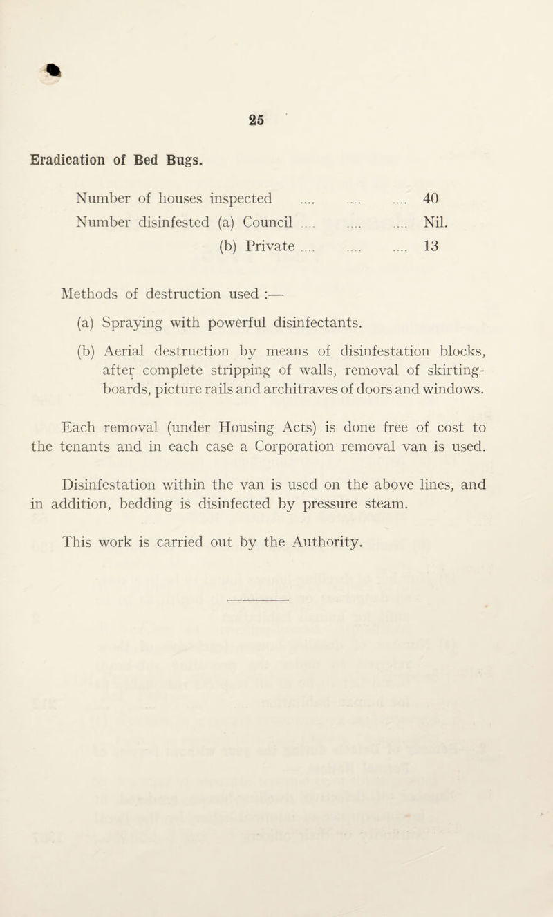 Eradication of Bed Bugs. Number of houses inspected .... .... .... 40 Number disinfested (a) Council .... .... .... Nil. (b) Private .... .... .... 13 Methods of destruction used :— (a) Spraying with powerful disinfectants. (b) Aerial destruction by means of disinfestation blocks, after complete stripping of walls, removal of skirting- boards, picture rails and architraves of doors and windows. Each removal (under Housing Acts) is done free of cost to the tenants and in each case a Corporation removal van is used. Disinfestation within the van is used on the above lines, and in addition, bedding is disinfected by pressure steam. This work is carried out by the Authority.