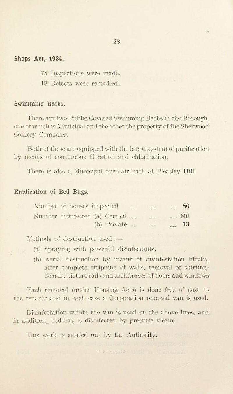 Shops Act, 1934. 75 Inspections were made. 18 Defects were remedied. Swimming Baths. There are two Public Covered Swimming Baths in the Borough, one of which is Municipal and the other the property of the Sherwood Colliery Company. Both of these are equipped with the latest system of purification by means of continuous filtration and chlorination. There is also a Municipal open-air bath at Pleasley Hill. Eradication of Bed Bugs. Number of houses inspected .... .... .... 50 Number disinfested (a) Council .... .... Nil (b) Private .... .... „„ 13 Methods of destruction used :—- (a) Spraying with powerful disinfectants. (b) Aerial destruction by means of disinfestation blocks, after complete stripping of walls, removal of skirting- boards, picture rails and architraves of doors and windows Each removal (under Housing Acts) is done free of cost to the tenants and in each case a Corporation removal van is used. Disinfestation within the van is used on the above lines, and in addition, bedding is disinfected by pressure steam. This work is carried out by the Authority.