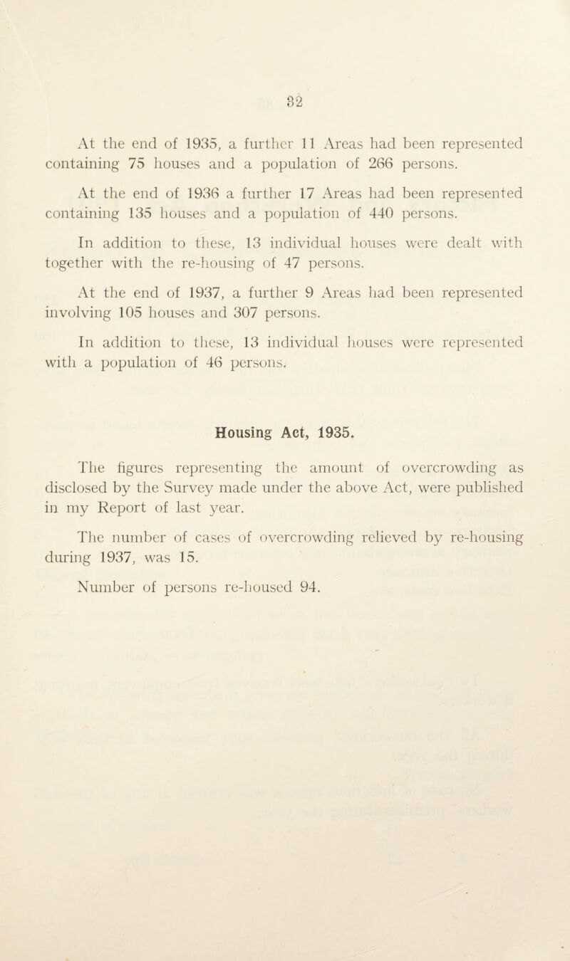At the end of 1935, a further 11 Areas had been represented containing 75 houses and a population of 266 persons. At the end of 1936 a further 17 Areas had been represented containing 135 houses and a population of 440 persons. In addition to these, 13 individual houses were dealt with together with the re-housing of 47 persons. At the end of 1937, a further 9 Areas had been represented involving 105 houses and 307 persons. In addition to these, 13 individual houses were represented with a population of 46 persons. Housing Aet? 1935. The figures representing the amount of overcrowding as disclosed by the Survey made under the above Act, were published in my Report of last year. The number of cases of overcrowding relieved by re-housing during 1937, was 15. Number of persons re-housed 94.