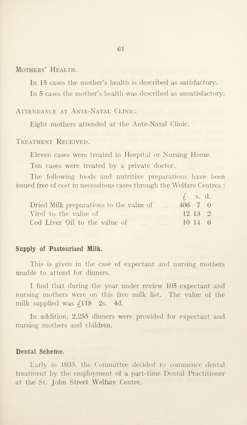 Mothers’ Health. In 15 cases the mother’s health is described as satisfactory. In 5 cases the mother’s health was described as unsatisfactory. Attendance at Ante-Natal Clinic. Eight mothers attended at the Ante-Natal Clinic. Treatment Received. Eleven cases were treated in Hospital or Nursing Home. Ten cases were treated by a private doctor. The following foods and nutritive preparations have been issued free of cost in necessitous cases through the Welfare Centres : £ s. d. Dried Milk preparations to the value of .... 466 7 0 Virol to the value of 12 13 2 Cod Liver Oil to the value of .... 10 14 6 Supply of Pasteurised Milk. This is given in the case of expectant and nursing mothers unable to attend for dinners. I find that during the year under review 105 expectant and nursing mothers were on this free milk list. The value of the milk supplied was £118 2s. 4d. In addition, 2,255 dinners were provided for expectant and nursing mothers and children. Dental Scheme. Early in 1935, the Committee decided to commence dental treatment by the employment of a part-time Dental Practitioner at the St. John Street Welfare Centre.