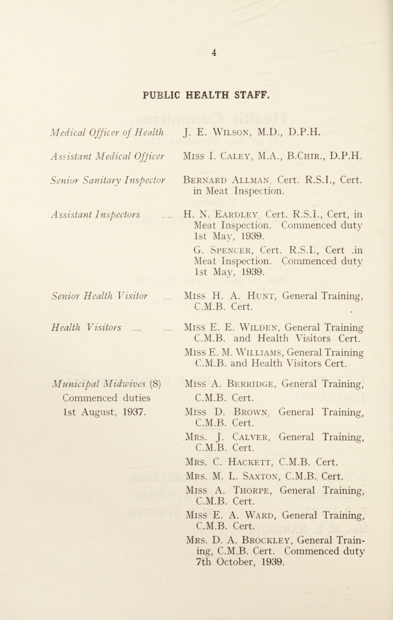 PUBLIC HEALTH STAFF. Medical Officer of Health J. E. Wilson, M.D., D.P.H. Assistant Medical Ofjicer Miss I. Caley, M.A., B.Chir., D.P.H, Senior Sanitary Inspector Bernard Allman; Cert. R.S.T., Cert, in Meat Inspection. Assistant Inspectors H. N. Eardley. Cert. R.S.I., Cert, in Meat Inspection. Commenced duty 1st May, 1939. G. Spencer, Cert. R.S.I., Cert .in Meat Inspection. Commenced duty 1st May, 1939. Senior Health Visitor Miss H. A. Hunt, General Training, C.M.B. Cert. Health Visitors .... Miss E. E. Wilden, General Training C.M.B. and Health Visitors Cert. Miss E. M. Williams, General Training C.M.B. and Health Visitors Cert. Municipal Midwives (8) Commenced duties 1st August, 1937. Miss A. Berridge, General Training, C.M.B. Cert. Miss D. Brown. General Training, C.M.B. Cert. Mrs. T. Calver, General Training, C.M.B. Cert. Mrs. C. Hackett, C.M.B. Cert. Mrs. M. L. Saxton, C.M.B. Cert. Miss A. Thorpe, General Training, C.M.B. Cert. Miss E. A. Ward, General Training, C.M.B. Cert. Mrs. D. A. Brockley, General Train¬ ing, C.M.B. Cert. Commenced duty 7th October, 1939.