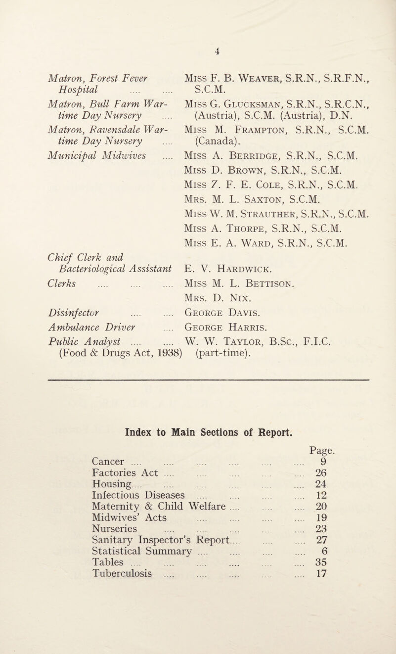 Matron, Forest Fever Hospital Matron, Bull Farm War¬ time Day Nursery Matron, Ravensdale War¬ time Day Nursery Municipal Midwives Chief Clerk and Bacteriological Assistant Clerks . Miss F. B. Weaver, S.R.N., S.R.F.N., S.C.M. Miss G. Glucksman, S.R.N., S.R.C.N., (Austria), S.C.M. (Austria), D.N. Miss M. Frampton, S.R.N., S.C.M. (Canada). Miss A. Berridge, S.R.N., S.C.M. Miss D. Brown, S.R.N., S.C.M. Miss 7. F. E. Cole, S.R.N., S.C.M. Mrs. M. L. Saxton, S.C.M. Miss W. M. Strauther, S.R.N., S.C.M. Miss A. Thorpe, S.R.N., S.C.M. Miss E. A. Ward, S.R.N., S.C.M. E. V. Hardwick. Miss M. L. Bettison. Mrs. D. Nix. Disinfector . George Davis. Ambulance Driver .... George Harris. Public Analyst . W. W. Taylor, B.Sc., F.I.C. (Food & Drugs Act, 1938) (part-time). Index to Main Sections of Report. Page. Cancer. .... .... . 9 Factories Act .... ... .... 26 Housing. .... .... .... .... 24 Infectious Diseases .... .... .... 12 Maternity & Child Welfare .... . 20 Midwives’ Acts . . .... 19 Nurseries . .... . 23 Sanitary Inspector’s Report. .. .... .... 27 Statistical Summary .... .... .... .... 6 Tables .... .... .... .... .... .... 35 Tuberculosis .... .... .... .... .... 17
