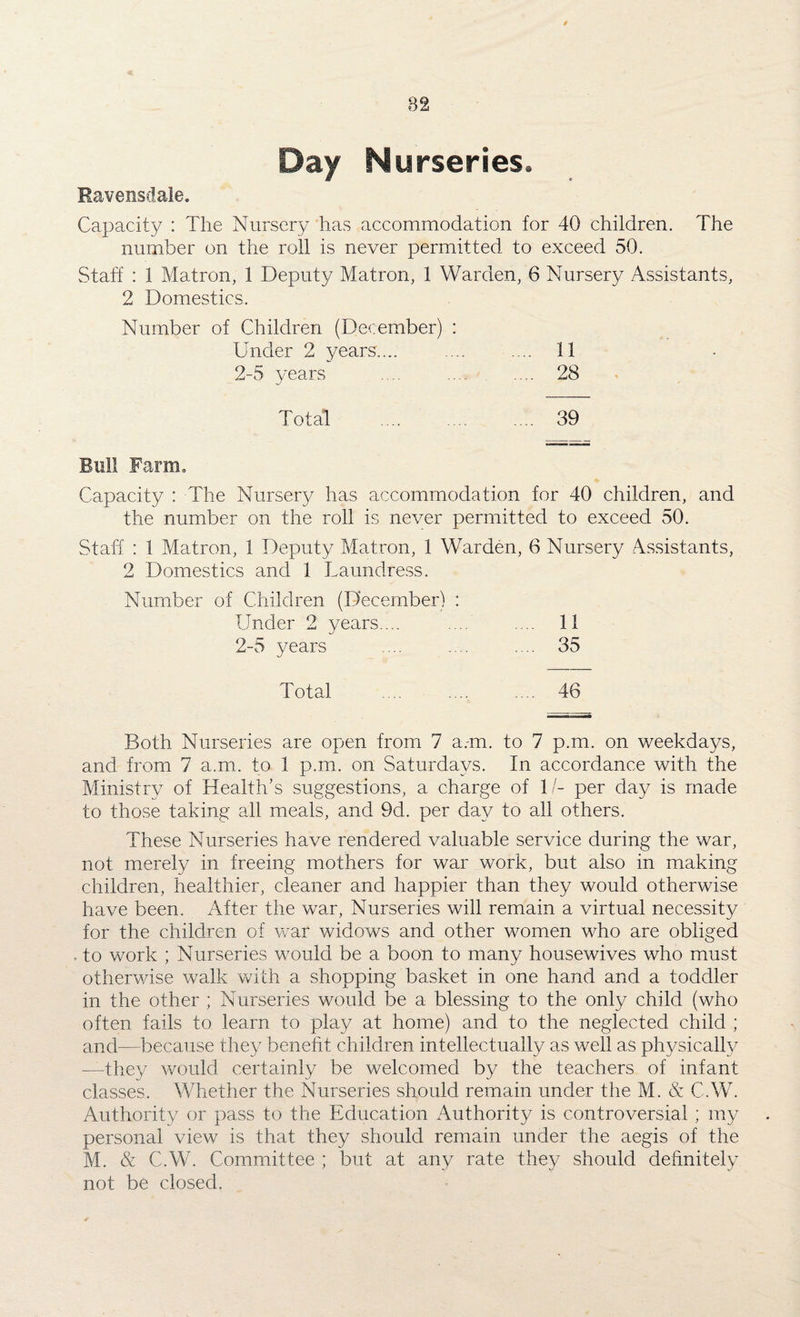 82 Day Nurseries. Ravensdale. Capacity : The Nursery has accommodation for 40 children. The number on the roll is never permitted to exceed 50. Staff : 1 Matron, 1 Deputy Matron, 1 Warden, 6 Nursery Assistants, 2 Domestics. Number of Children (December) : Under 2 years.... .... .... 11 2-5 years .... .... .... 28 Total . 39 Bull Farm. Capacity : The Nursery has accommodation for 40 children, and the number on the roll is never permitted to exceed 50. Staff : 1 Matron, 1 Deputy Matron, 1 Warden, 6 Nursery Assistants, 2 Domestics and 1 Laundress. Number of Children (December) : Under 2 years.... ... ... 11 2-5 years .... .... . .. 35 Total .... .... .... 46 Both Nurseries are open from 7 a.m. to 7 p.m. on weekdays, and from 7 a.m. to 1 p.m. on Saturdays. In accordance with the Ministry of Health’s suggestions, a charge of 1/- per day is made to those taking all meals, and 9d. per day to all others. These Nurseries have rendered valuable service during the war, not merely in freeing mothers for war work, but also in making children, healthier, cleaner and happier than they would otherwise have been. After the war, Nurseries will remain a virtual necessity for the children of war widows and other women who are obliged to work ; Nurseries would be a boon to many housewives who must otherwise walk with a shopping basket in one hand and a toddler in the other ; Nurseries would be a blessing to the only child (who often fails to learn to play at home) and to the neglected child ; and—because they benefit children intellectually as well as physically -they would certainly be welcomed by the teachers of infant classes. Whether the Nurseries should remain under the M. & C.W. Authority or pass to the Education Authority is controversial ; my personal view is that they should remain under the aegis of the M. & C.W. Committee ; but at any rate they should definitely not be closed.