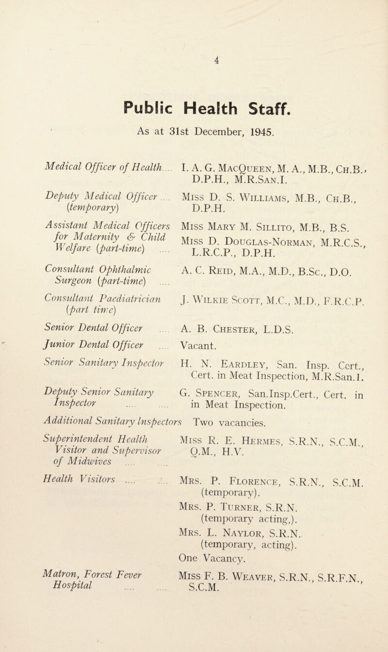 Public Health Staff. As at 31st December, 1945. Medical Officer of Health .... I. A. G. MacQueen, M. A., M B Ch B > D.P.H., M.R.San.I. Deputy Medical Officer .... (itemporary) Assistant Medical Officers for Maternity & Child Welfare (part-time) Consultant Ophthalmic Surgeon (part-time) Miss D. S. Williams, M.B., Ch.B., D.P.H. Miss Mary M. Sillito, M.B., B.S. Miss D. Douglas-Norman, M.R.C.S L.R.C.P., D.P.H. A. C. Reid, M.A., M.D., B.Sc., D.O. Con sultant Paediatrician (part time) Senior Dental Officer Junior Dental Officer Senior Sanitary Inspector Deputy Senior Sanitary Inspector J. Wilkie Scott, M.C., M.D., F.R.C.P. A. B. Chester, L.D.S. Vacant. H. N. Eardley, San. Insp. Cert., Cert, in Meat Inspection, M.R.San.I. G. Spencer, San.Insp.Cert., Cert, in in Meat Inspection. Additional Sanitary Inspectors Two vacancies. Superintendent Health Visitor and Supervisor of Midwives Miss R. E. Hermes, S.R.N. S C M O.M., H.V. Health Visitors Matron, Forest Fever Hospital Mrs. P. Florence, S.R.N., S.C.M. (temporary). Mrs. P. Turner, S.R.N. (temporary acting,). Mrs. L. Naylor, S.R.N. (temporary, acting). One Vacancy. Miss F. B. Weaver, S.R.N., S.R.F.N S.C.M. i
