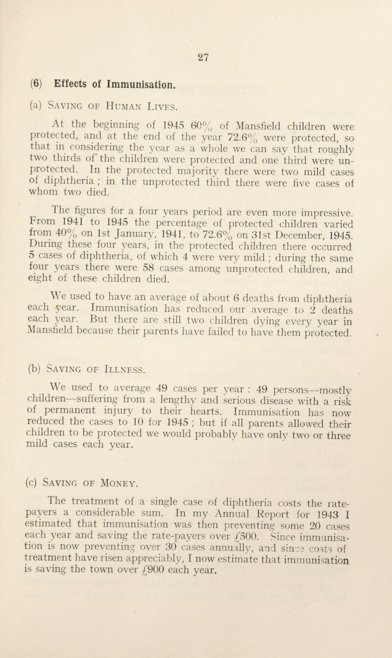 (6) Effects of Immunisation. (a) Saving of Human Lives. At the beginning of 1945 60% of Mansfield children were protected, and at the end of the year 72.6% were protected, so that in considering the year as a whole we can say that roughly two thirds of the children were protected and one third were un¬ protected. In the protected majority there were two mild cases of diphtheria ; in the unprotected third there were five cases of whom two died. The figures for a four years period are even more impressive. From 1941 to 1945 the percentage of protected children varied from 40% on 1st January, 1941, to 72.6% on 31st December, 1945. During these four years, in the protected children there occurred 5 cases of diphtheria, of which 4 were very mild ; during the same four years there were 58 cases among unprotected children, and eight of these children died. We used to have an average of about 6 deaths from diphtheria each year. Immunisation has reduced our average to 2 deaths each year. But there are still two children dying every year in Mansfield because their parents have failed to have them protected. (b) Saving of Illness. We used to average 49 cases per year : 49 persons—mostly children—suffering from a lengthy and serious disease with a risk of permanent injury to their hearts. Immunisation has now reduced the cases to 10 for 1945 ; but if all parents allowed their children to be protected we would probably have only two or three mild cases each year. (c) Saving of Money. The treatment of a single case of diphtheria costs the rate¬ payers a considerable sum. In my Annual Report for 1943 I estimated that immunisation was then preventing some 20 cases each year and saving the rate-payers over £500. Since immunisa¬ tion is now preventing over 30 cases annually, and since costs of treatment have risen appreciably, I now estimate that immunisation is saving the town over £900 each year.