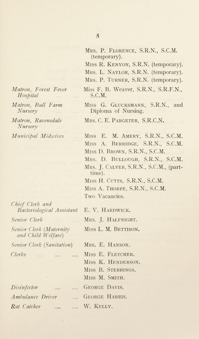 Matron, Forest Fever Hospital Mrs. P. Florence, S.R.N., S.C.M. (temporary). Miss R. Kenyon, S.R.N. (temporary). Mrs. L. Naylor, S.R.N. (temporary). Mrs. P. Turner, S.R.N. (temporary). Miss F. B. Weaver, S.R.N., S.R.F.N., S.C.M. Matron, Bull Farm Nursery Miss G. Glucksmann, S.R.N., and Diploma of Nursing. Matron, Ravensdale Nursery Mrs. C. E. Pargeter, S.R.C.N. Municipal Midwives Miss E. M. Amery, S.R.N., S.C.M. Miss A. Berridge, S.R.N., S.C.M. Miss D. Brown, S.R.N., S.C.M. Mrs. D. Bullough, S.R.N., S.C.M. Mrs. J. Calver, S.R.N., S.C.M., (part- time). Miss H. Cutts, S.R.N., S.C.M. Miss A. Thorpe, S.R.N., S.C.M. Two Vacancies. Chief Clerk and Bacteriological Assistant E. V. Hardwick. Senior Clerk Mrs. J. Halfnight. Senior Clerk (Maternity and Child Welfare) Miss L. M. Bettison. Senior Clerk (Sanitation) Mrs. E. Hanson. Clerks Miss E. Fletcher. Miss K. Henderson. Miss B. Stebbings. Miss M. Smith. Disinfector George Davis. Ambulance Driver George Harris. Rat Catcher W. Kelly.