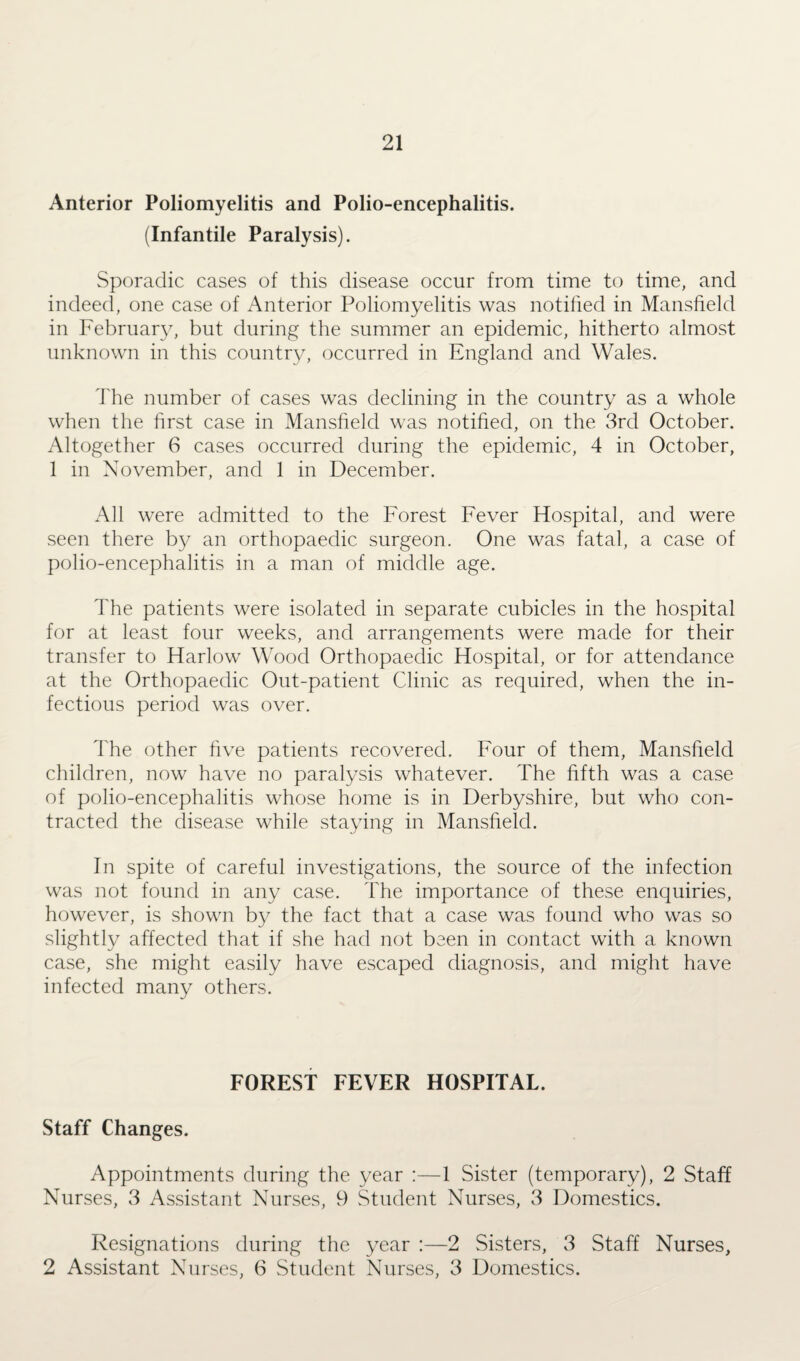 Anterior Poliomyelitis and Polio-encephalitis. (Infantile Paralysis). Sporadic cases of this disease occur from time to time, and indeed, one case of Anterior Poliomyelitis was notified in Mansfield in February, but during the summer an epidemic, hitherto almost unknown in this country, occurred in England and Wales. The number of cases was declining in the country as a whole when the first case in Mansfield was notified, on the 3rd October. Altogether 6 cases occurred during the epidemic, 4 in October, 1 in November, and 1 in December. All were admitted to the Forest Fever Hospital, and were seen there by an orthopaedic surgeon. One was fatal, a case of polio-encephalitis in a man of middle age. The patients were isolated in separate cubicles in the hospital for at least four weeks, and arrangements were made for their transfer to Harlow Wood Orthopaedic Hospital, or for attendance at the Orthopaedic Out-patient Clinic as required, when the in¬ fectious period was over. The other five patients recovered. Four of them, Mansfield children, now have no paralysis whatever. The fifth was a case of polio-encephalitis whose home is in Derbyshire, but who con¬ tracted the disease while staying in Mansfield. In spite of careful investigations, the source of the infection was not found in any case. The importance of these enquiries, however, is shown by the fact that a case was found who was so slightly affected that if she had not been in contact with a known case, she might easily have escaped diagnosis, and might have infected many others. FOREST FEVER HOSPITAL. Staff Changes. Appointments during the year :—1 Sister (temporary), 2 Staff Nurses, 3 Assistant Nurses, 9 Student Nurses, 3 Domestics. Resignations during the year :—2 Sisters, 3 Staff Nurses, 2 Assistant Nurses, 6 Student Nurses, 3 Domestics.