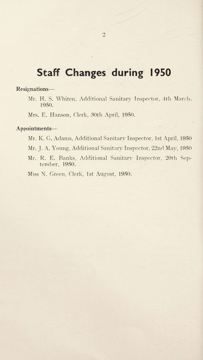 Staff Changes during 1950 Resignations— Mr. H. S. Whiten, Additional Sanitary Inspector, 4th March, 1950. Mrs. E. Hanson, Clerk, 30th April, 1950. Appointments— Mr. K. G. Adams, Additional Sanitary Inspector, 1st April, 1950 Mr. J. A. Young, xAdditional Sanitary Inspector, 22nd May, 1950 Mr. R. E. Banks, Additional Sanitary Inspector, 20th Sep¬ tember, 1950. Miss N. Green, Clerk, 1st August, 1950.