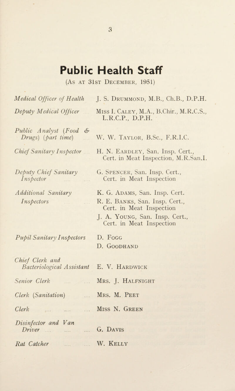 Public Health Staff (As at 31st December, 1951) Medical Officer of Health J. S. Drummond, M.B., Ch.B., D.P.H. Deputy Medical Officer Miss I. Caley, M.xY, B.Chir., M.R.C.S., L.R.C.P., D.P.H. Public Analyst (Food & Drugs) (part time) W. W. Taylor, B.Sc., F.R.I.C. Chief Sanitary Inspector H. N. Eardley, San. Insp. Cert., Cert, in Meat Inspection, M.R.San.I. Deputy Chief Sanitary Inspector G. Spencer, San. Insp. Cert., Cert, in Meat Inspection Additional Sanitary Inspectors . . K. G. Adams, San. Insp. Cert. R. E. Banks, San. Insp. Cert., Cert, in Meat Inspection J. A. Young, San. Insp. Cert., Cert, in Meat Inspection Pupil Sanitary Inspectors D. Fogg D. Goodhand Chief Clerk and Bacteriological A ssistant E. V. Hardwick Senior Clerk Mrs. J. Halfnight Clerk (Sanitation) Mrs. M. Peet Clerk Miss N. Green Disinfector and Van Driver G. Davis Rat Catcher W. Kelly