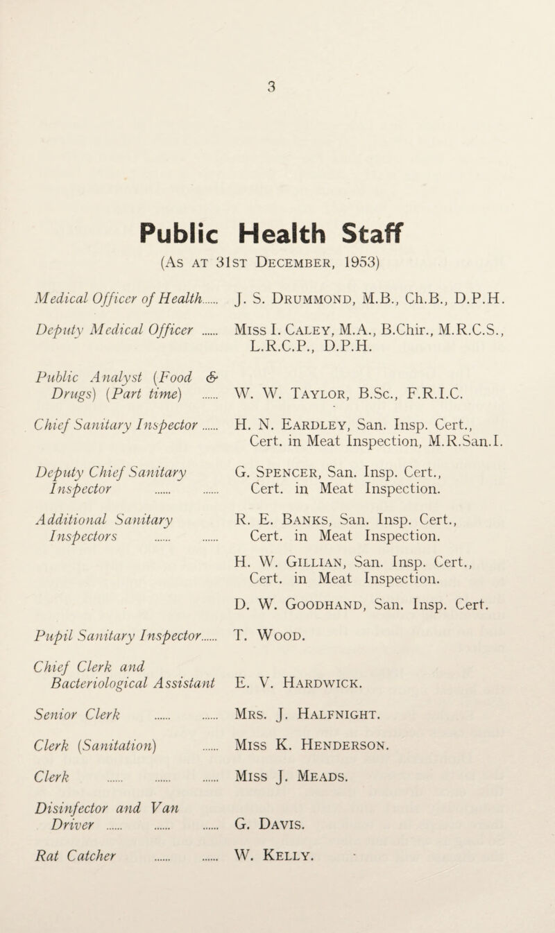 Public Health Staff (As at 31st December, 1953) Medical Officer of Health. J. S. Drummond, M.B., Ch.B., D.P.H Deputy Medical Officer . Miss I. Caley, M.A., B.Chir., M.R.C.S. L.R.C.P., D.P.H. Public Analyst (Food & Drugs) (Part time) W. W. Taylor, B.Sc., F.R.I.C. Chief Sanitary Inspector. H. N. Eardley, San. Insp. Cert., Cert, in Meat Inspection, M.R.San.I Deputy Chief Sanitary Inspector G. Spencer, San. Insp. Cert., Cert, in Meat Inspection. Additional Sanitary Inspectors . R. E. Banks, San. Insp. Cert., Cert, in Meat Inspection. H. W. Gillian, San. Insp. Cert., Cert, in Meat Inspection. D. W. Goodhand, San. Insp. Cert. Pupil Sanitary Inspector. T. Wood. Chief Clerk and Bacteriological A ssistant E. V. Hardwick. Senior Clerk . Mrs. J. Halfnight. Clerk (Sanitation) Miss K. Henderson. Clerk . Miss J. Meads. Disinfector and Van Driver . G. Davis. Rat Catcher . W. Kelly.