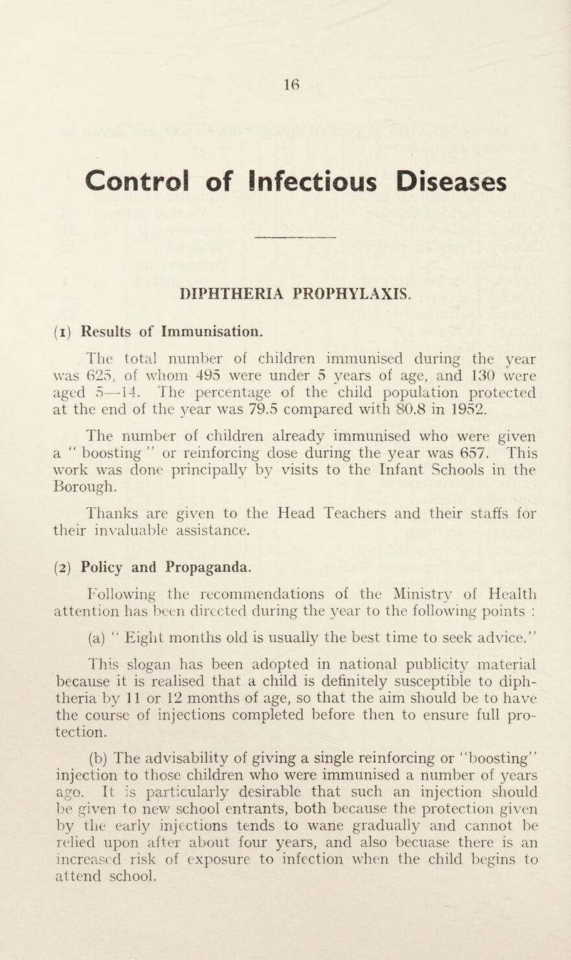 Control of Infectious Diseases DIPHTHERIA PROPHYLAXIS. (1) Results of Immunisation. The total number of children immunised during the year was 625, of whom 495 were under 5 years of age, and 130 were aged 5—14. The percentage of the child population protected at the end of the year was 79.5 compared with 80.8 in 1952. The number of children already immunised who were given a “ boosting ” or reinforcing dose during the year was 657. This work was done principally by visits to the Infant Schools in the Borough. Thanks are given to the Head Teachers and their staffs for their invaluable assistance. (2) Policy and Propaganda. Following the recommendations of the Ministry of Health attention has been directed during the year to the following points : (a) “ Eight months old is usually the best time to seek advice. This slogan has been adopted in national publicity material because it is realised that a child is definitely susceptible to diph¬ theria by 11 or 12 months of age, so that the aim should be to have the course of injections completed before then to ensure full pro¬ tection. (b) The advisability of giving a single reinforcing or “boosting injection to those children who were immunised a number of years ago. It is particularly desirable that such an injection should be given to new school entrants, both because the protection given by the early injections tends to wane gradually and cannot be relied upon after about four years, and also becuase there is an increased risk of exposure to infection when the child begins to attend school.