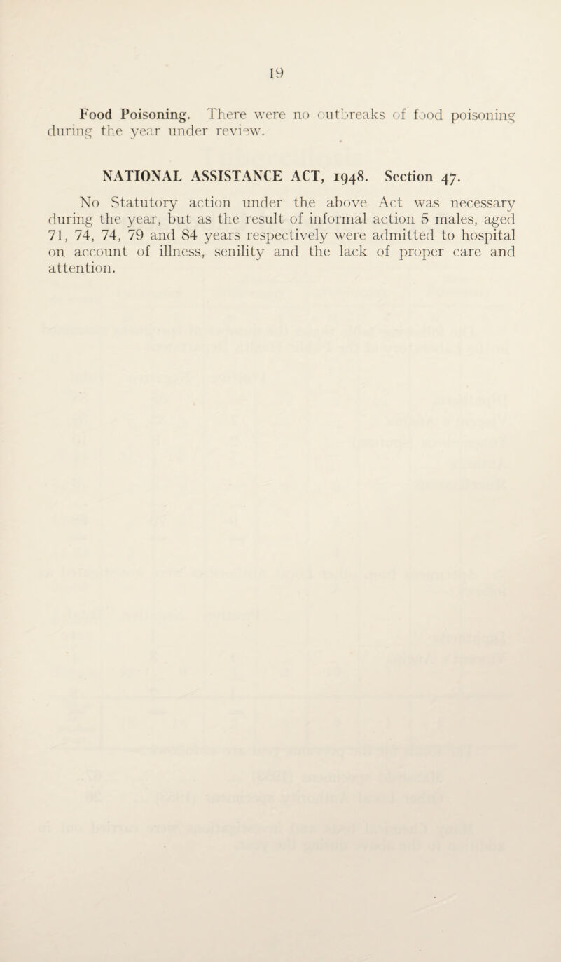 Food Poisoning. There were no outbreaks of food poisoning during the year under review. NATIONAL ASSISTANCE ACT, 1948. Section 47. No Statutory action under the above Act was necessary during the year, but as the result of informal action 5 males, aged 71, 74, 74, 79 and 84 years respectively were admitted to hospital on account of illness, senility and the lack of proper care and attention.