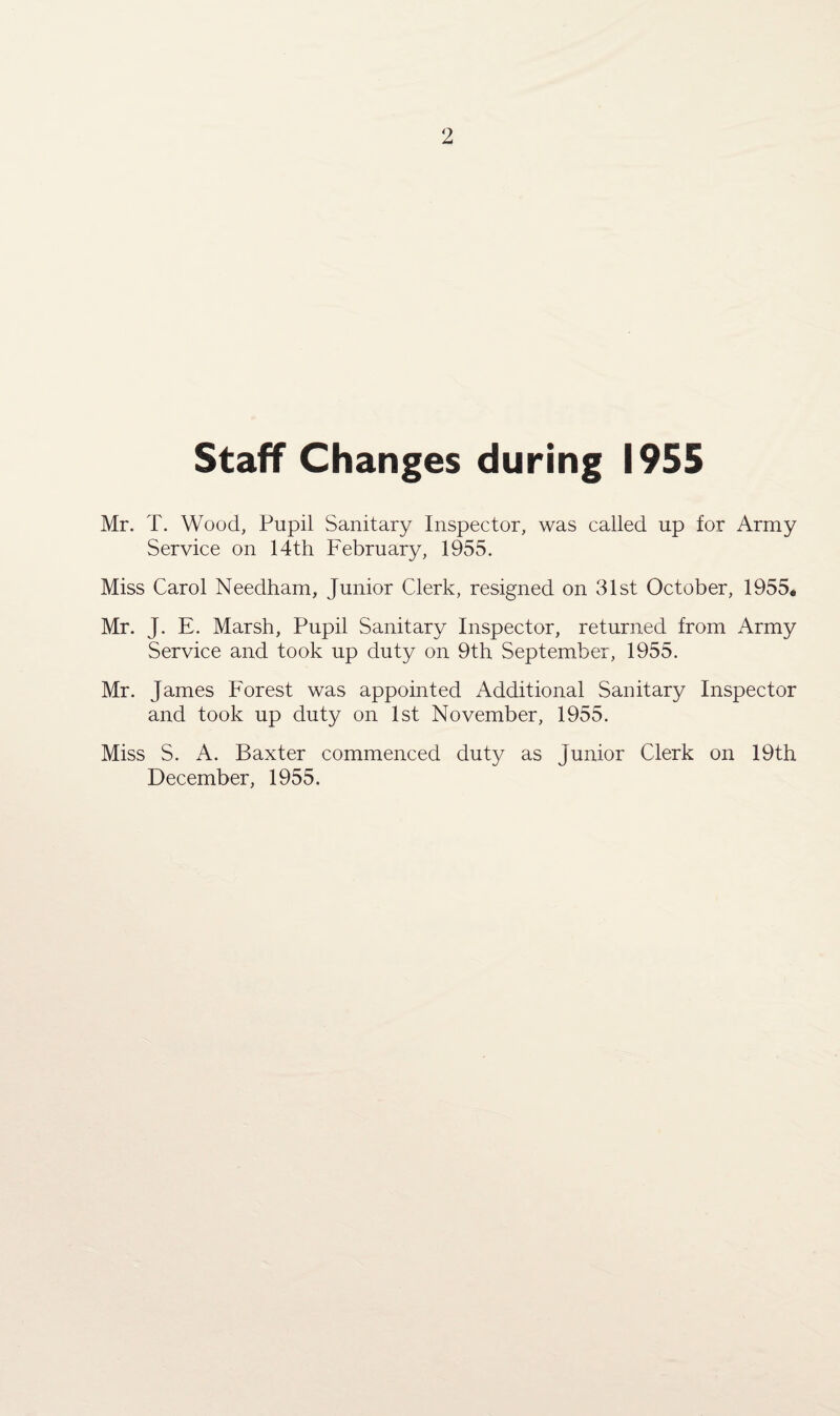 Staff Changes during 1955 Mr. T. Wood, Pupil Sanitary Inspector, was called up for Army Service on 14th February, 1955. Miss Carol Needham, Junior Clerk, resigned on 31st October, 1955* Mr. J. E. Marsh, Pupil Sanitary Inspector, returned from Army Service and took up duty on 9th September, 1955. Mr. James Forest was appointed Additional Sanitary Inspector and took up duty on 1st November, 1955. Miss S. A. Baxter commenced duty as Junior Clerk on 19th December, 1955.